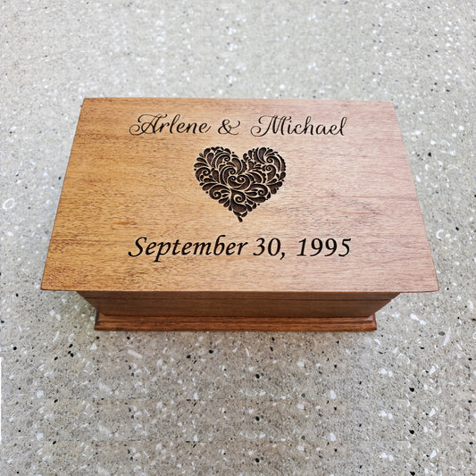 heart box, jewelry box with heart, names and date engraved on top, plays your song, choose color