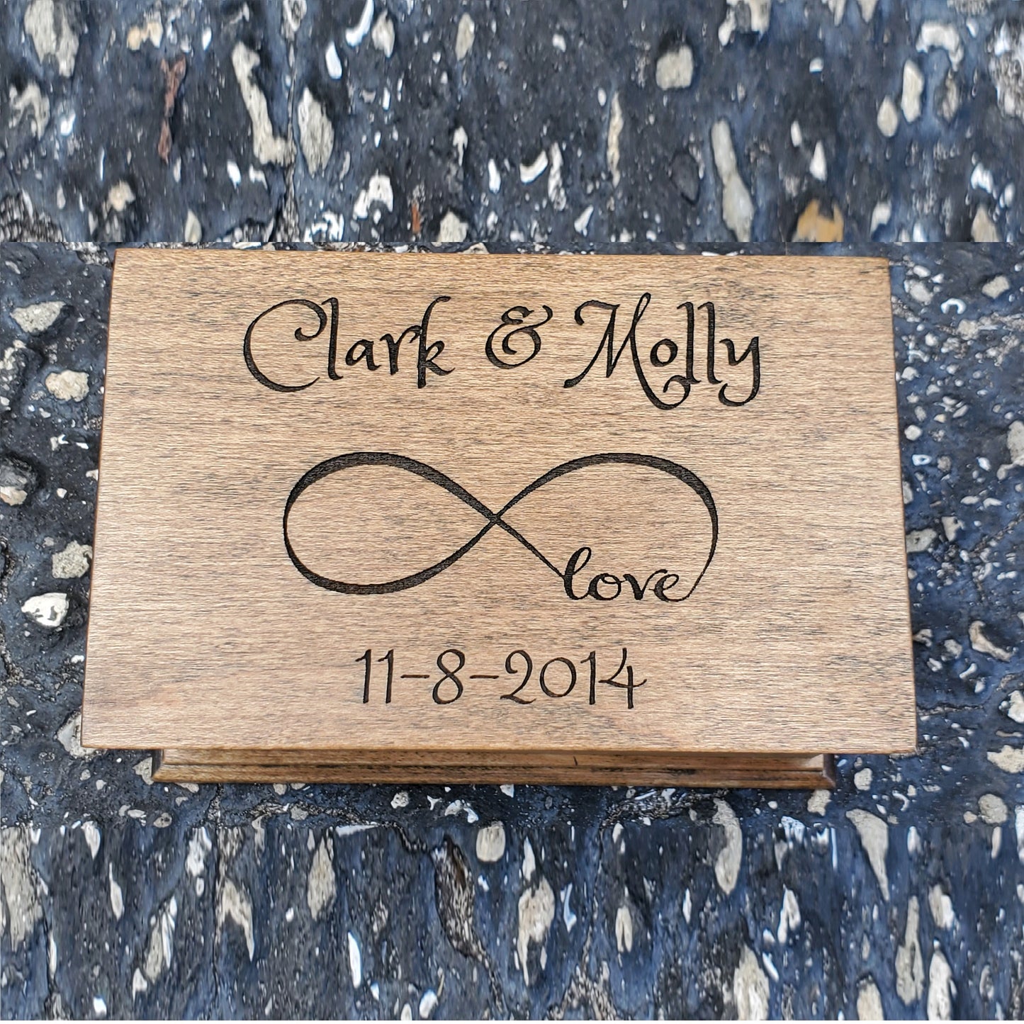 jewelry box with names, date and infinity symbol engraved on top, plays your song, choose color