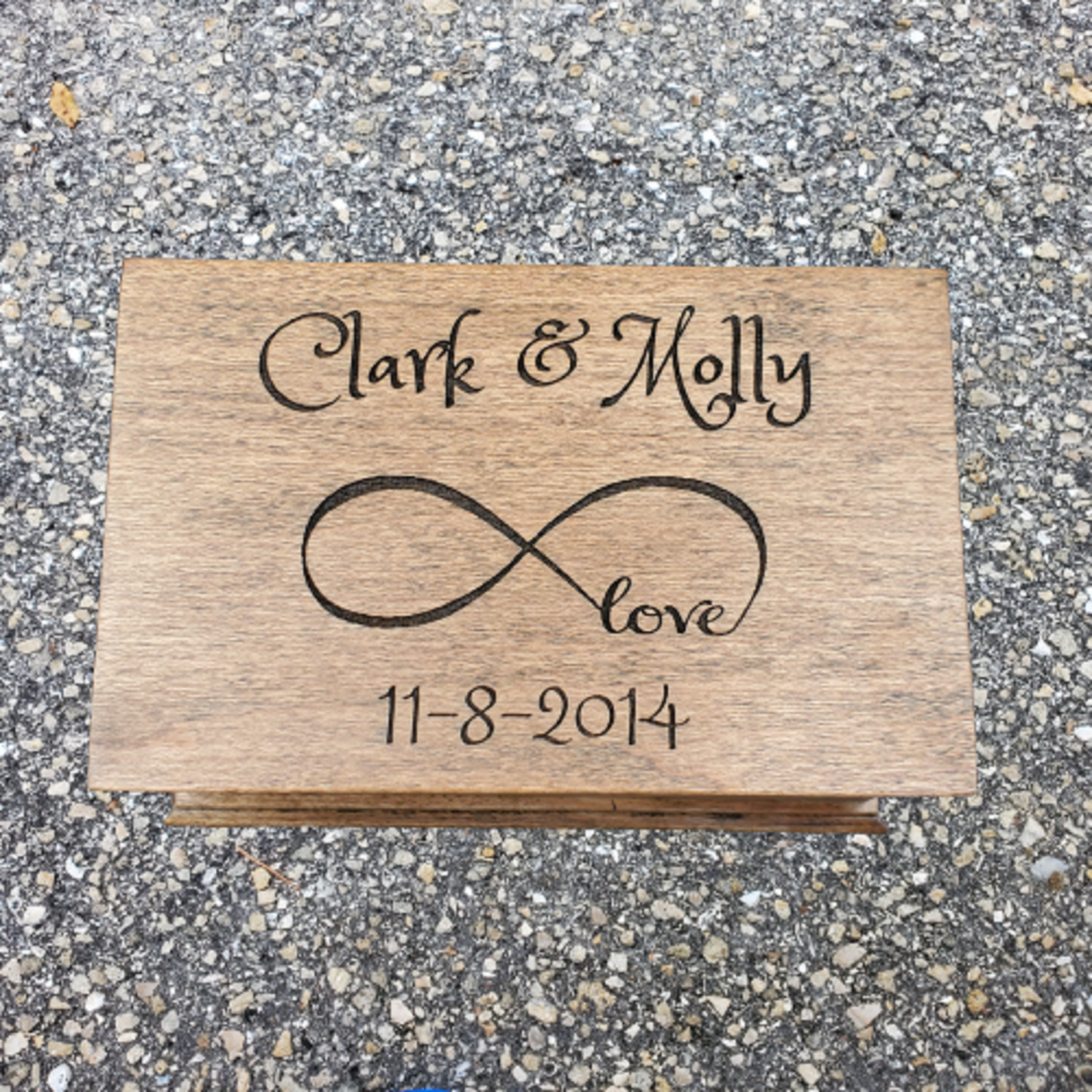 Jewelry Box with names and date with infinity symbol engraved on top, choose color and song