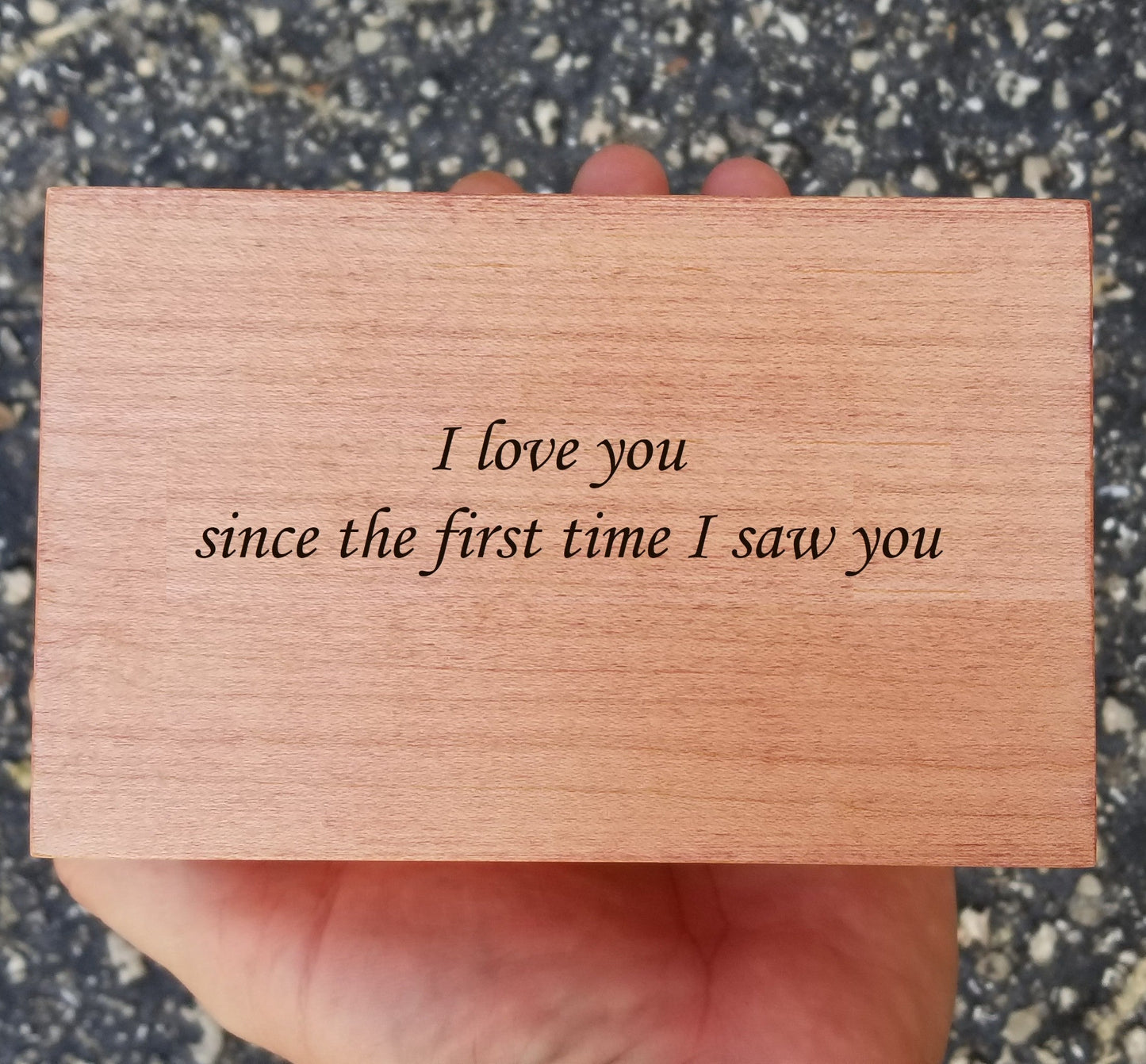 jewelry box engraving with a personalized message on the bottom side of box