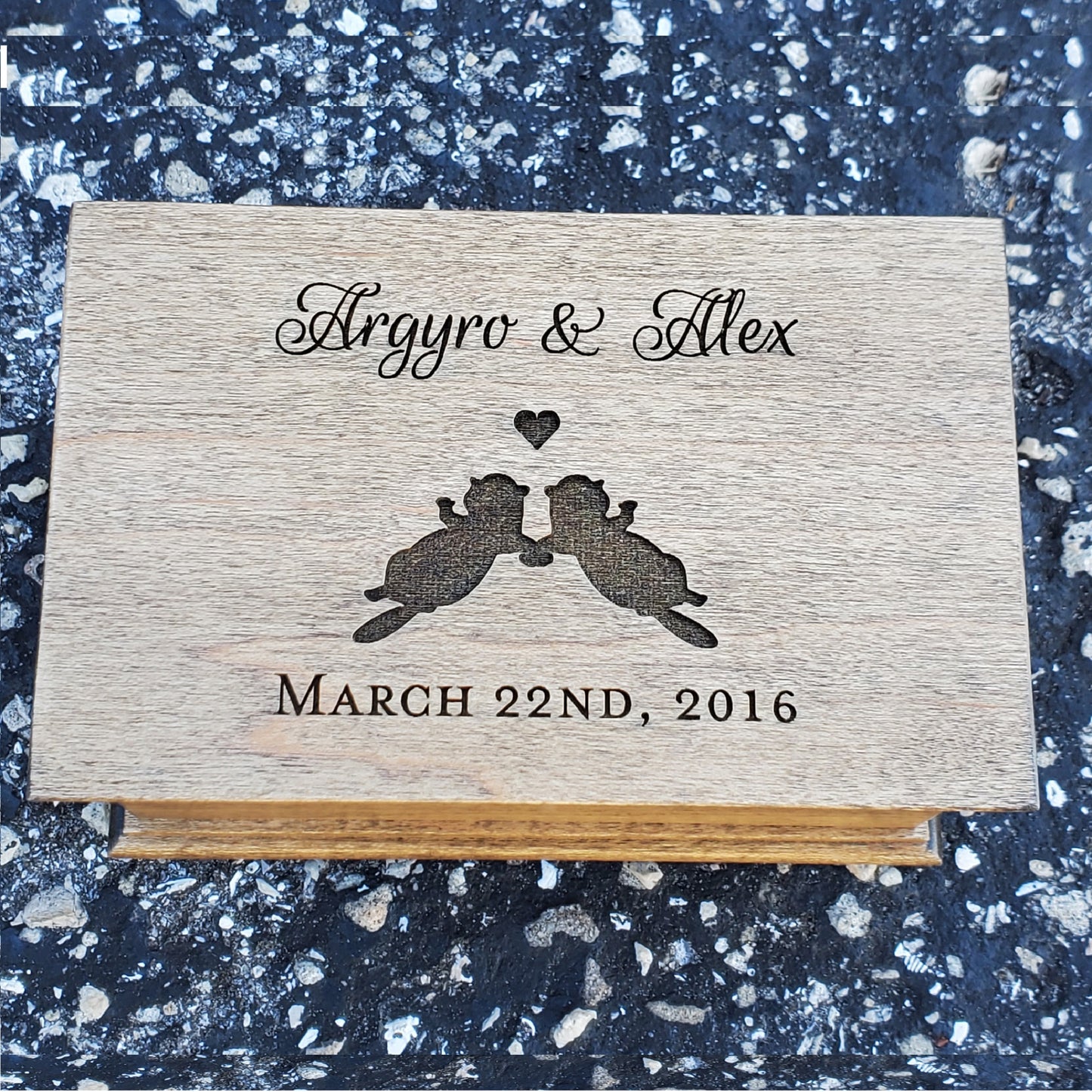 otters engraved jewelry box with names and date engraved on top, plays your song