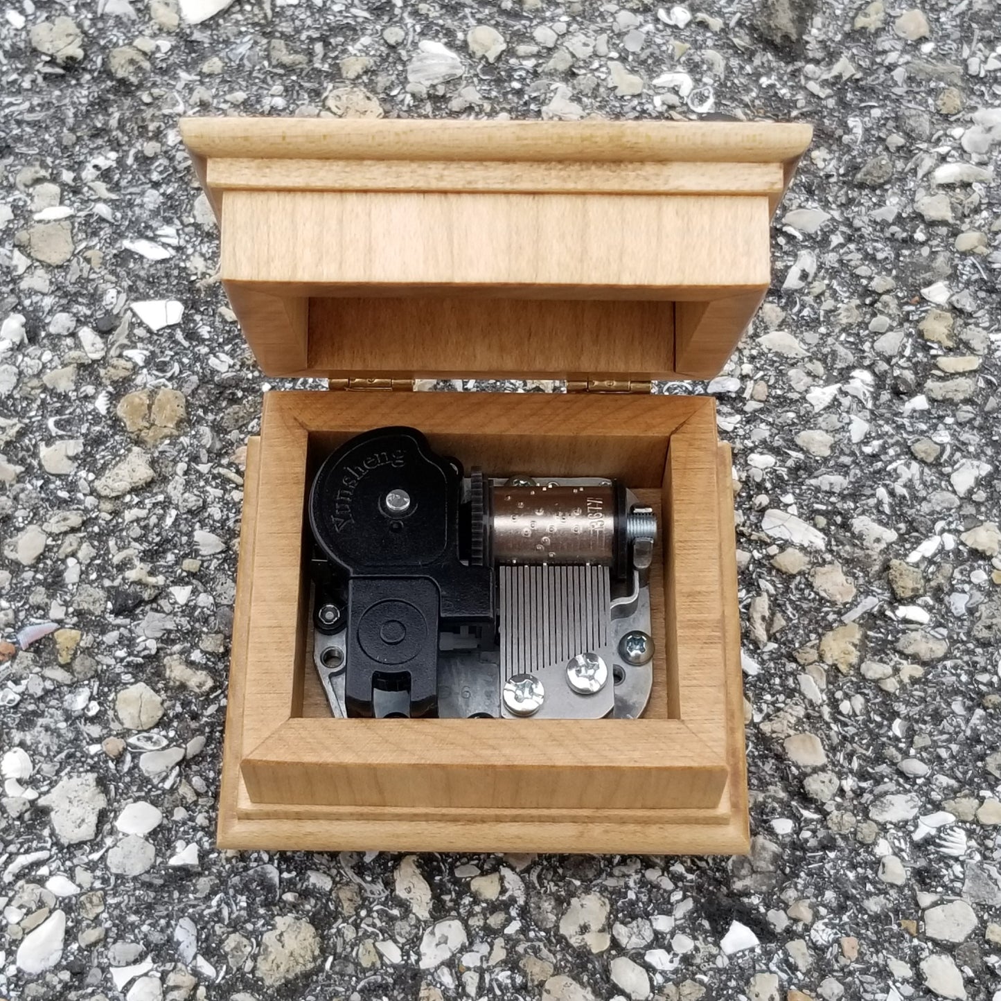 music box open lid showing wind up music box movement
