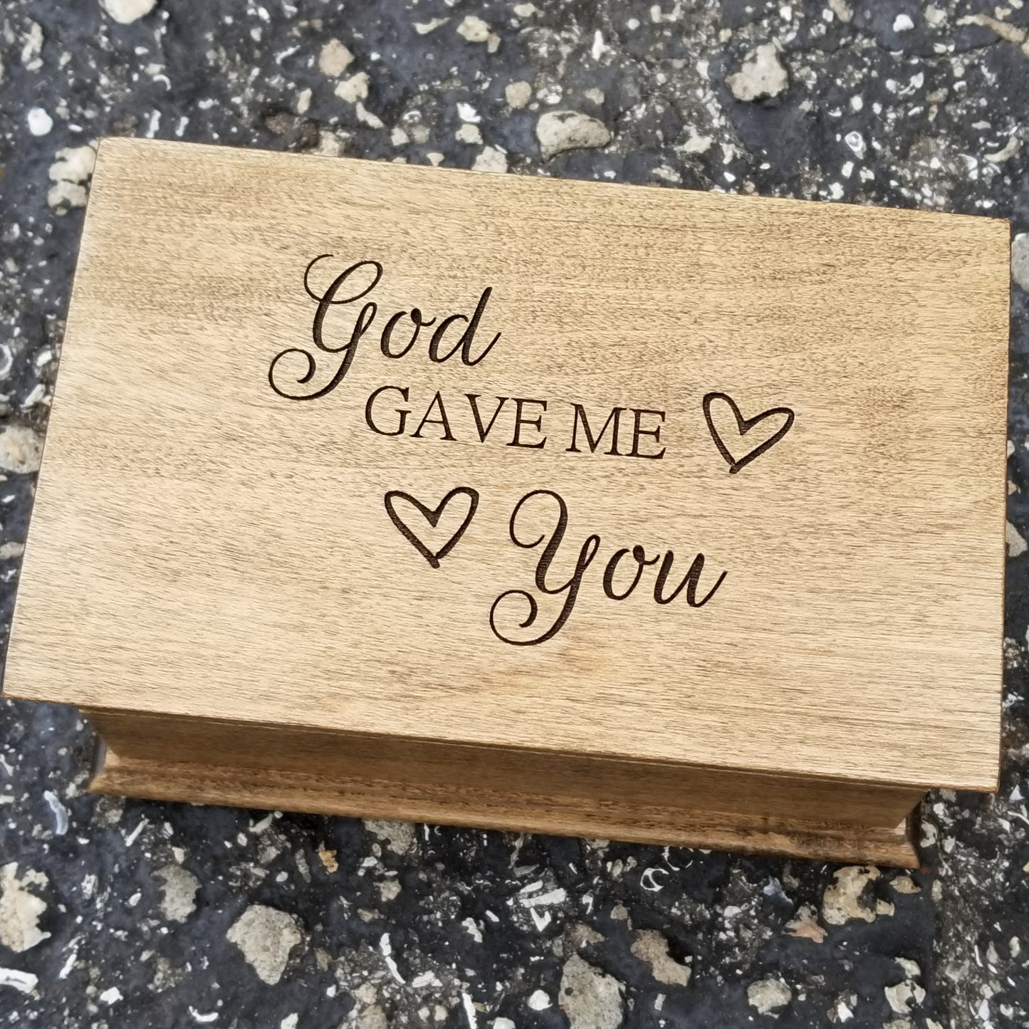 Jewelry box with music engraved with God Gave Me You and some hearts