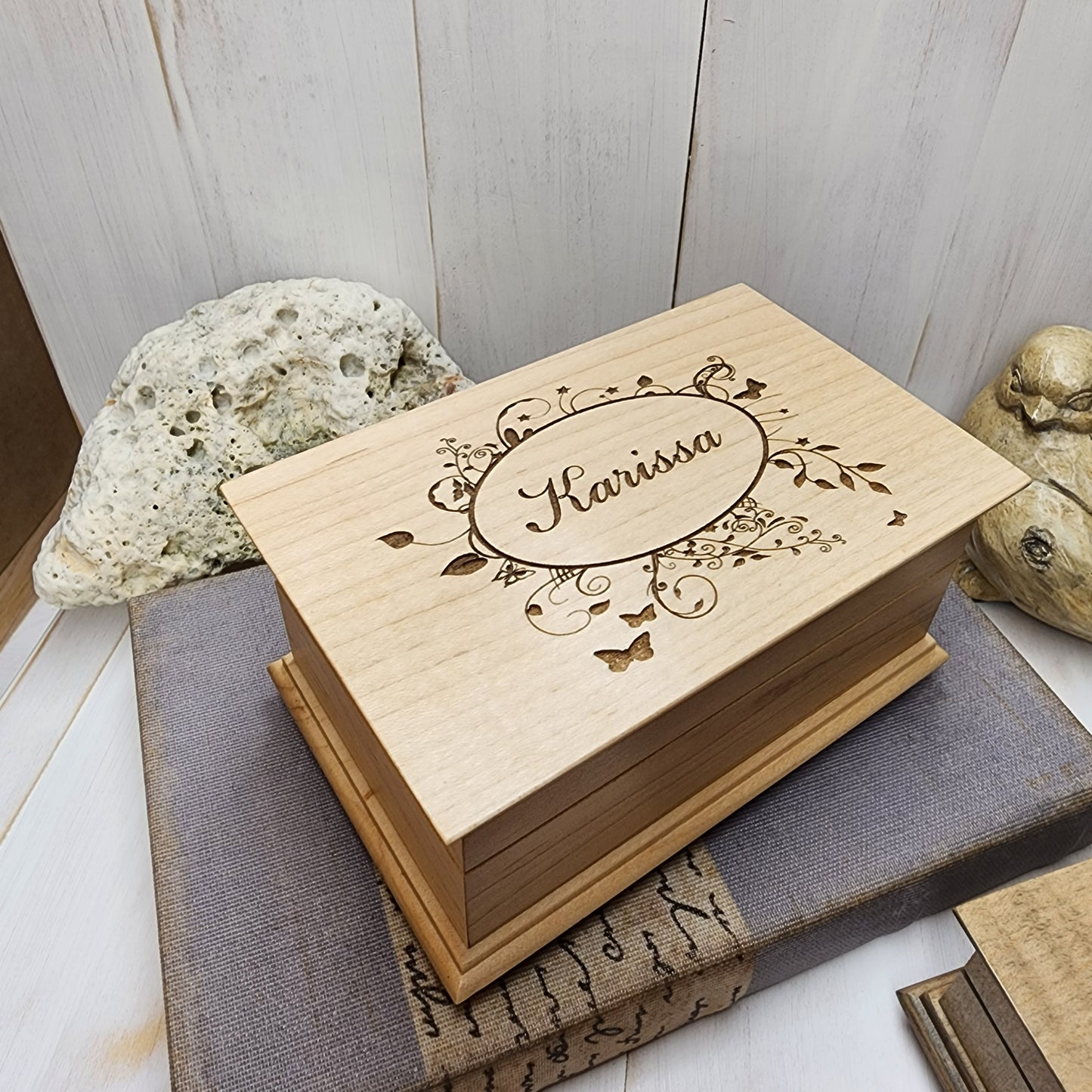 Name engraved jewelry box with butterfly on top with built in music player