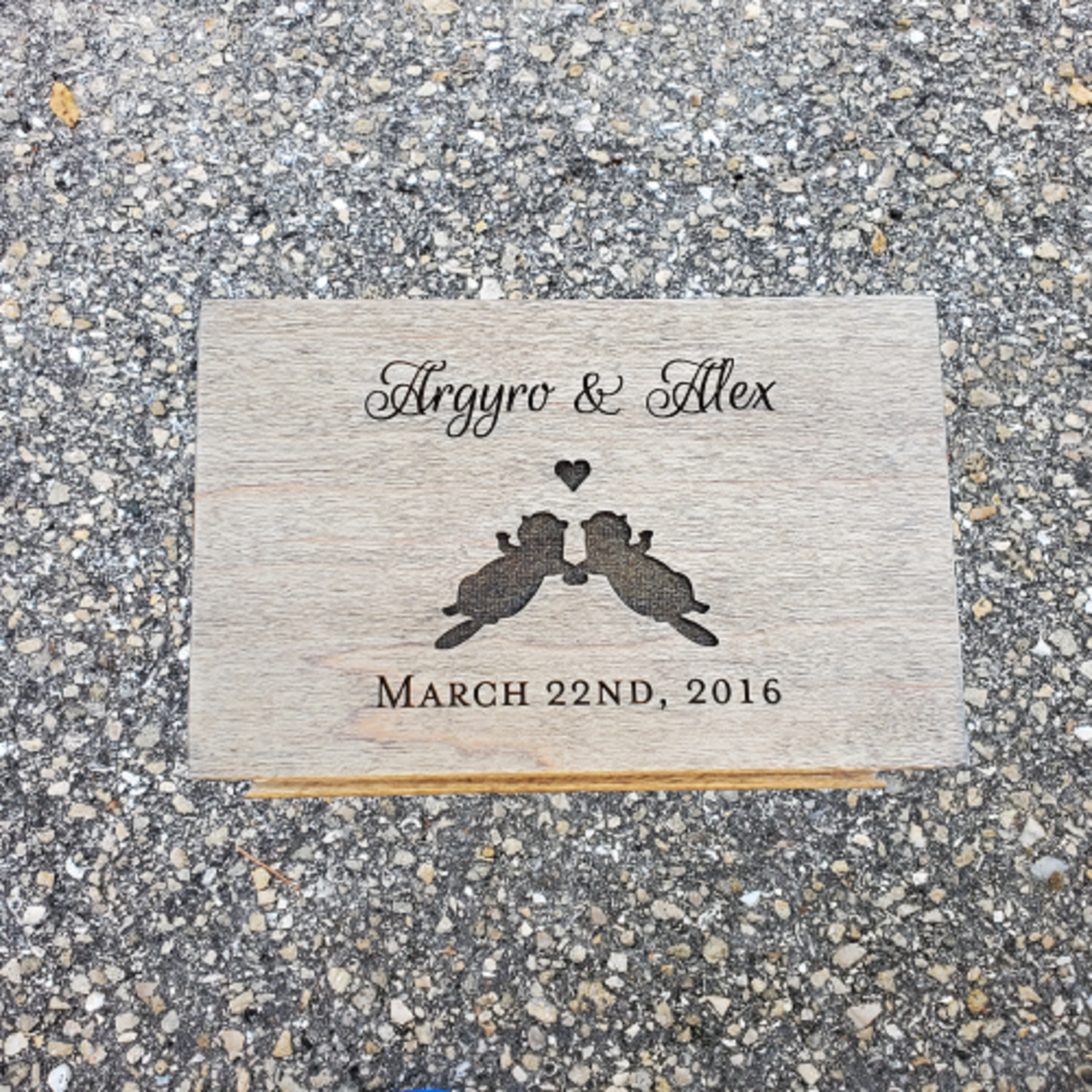 Wedding Jewelry Box with names and date with otters engraved on top, choose color and song