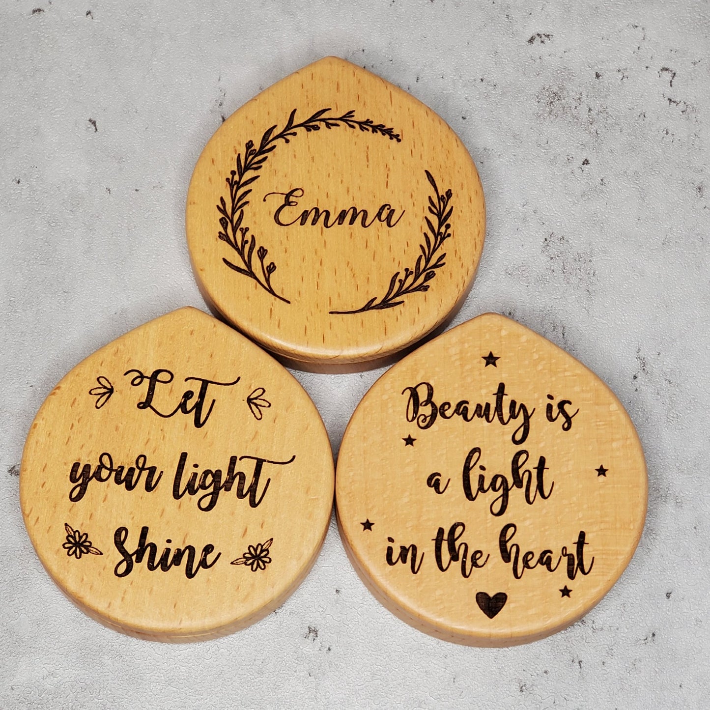 pocket mirror collection with quotes about positivity and name engraved one