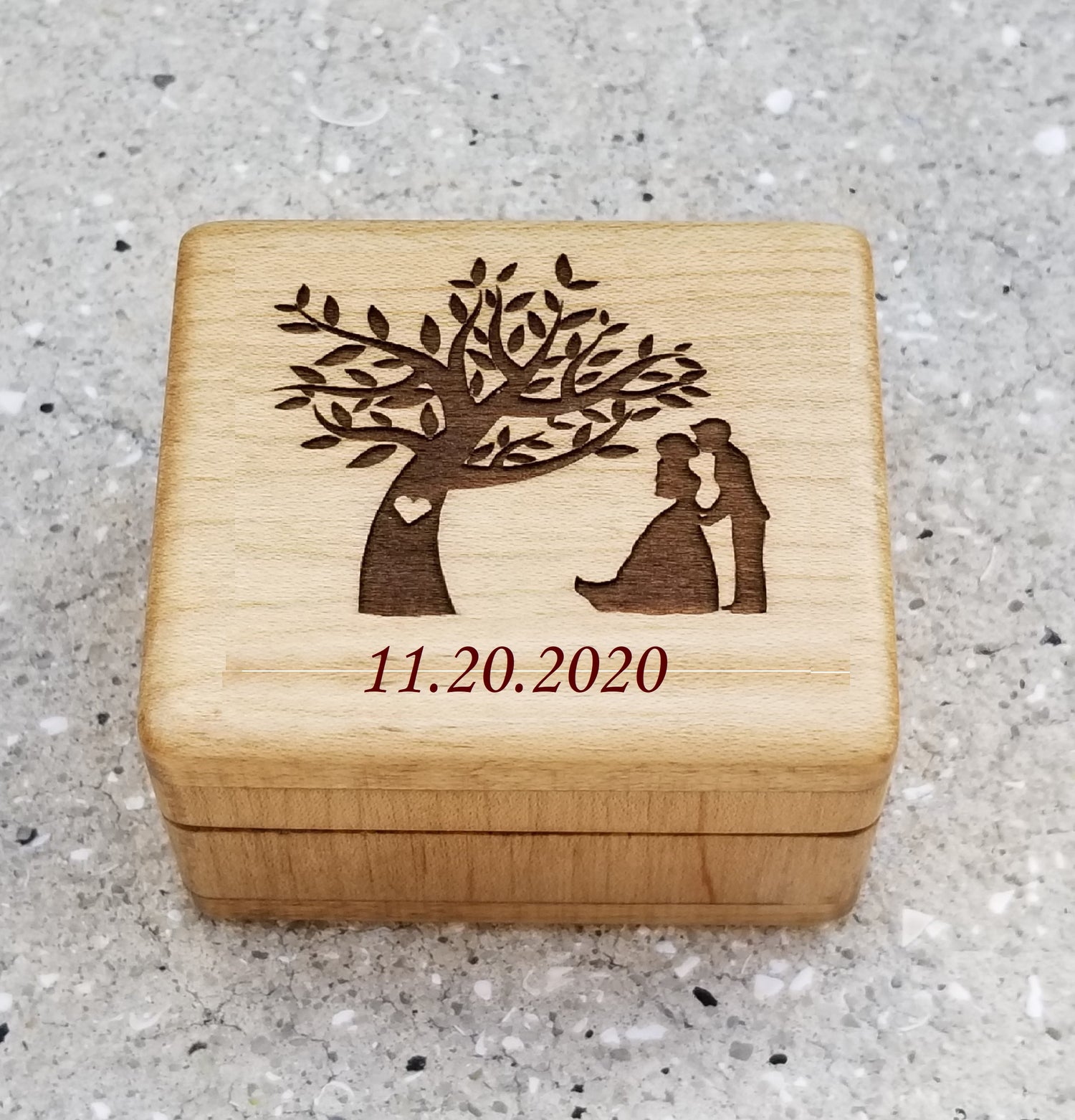 wedding box, wooden box engraved with bride and groom and a  heart tree