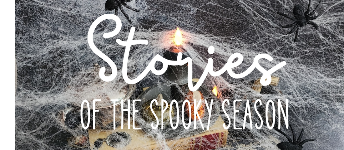 Halloween-themed handcrafted wooden music boxes by SimplyCoolGifts, displayed with candles, autumn leaves, and engraved spooky love designs — blog banner for “Till Death Do Us Part: Stories of the Spooky Season.”