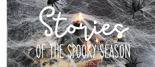 Halloween-themed handcrafted wooden music boxes by SimplyCoolGifts, displayed with candles, autumn leaves, and engraved spooky love designs — blog banner for “Till Death Do Us Part: Stories of the Spooky Season.”