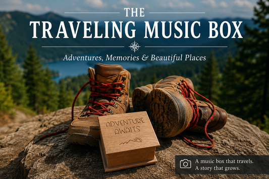 The Traveling Music Box cover featuring a handmade Adventure Awaits music box with hiking boots overlooking a mountain lake.