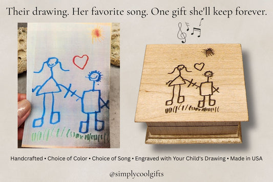 Kids drawing of mom and little boy on left and a wooden music box with the same drawing engraved into a music box