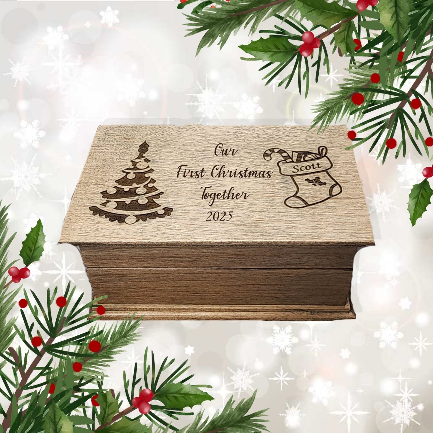 Personalized baby blocks engraved with birth details  Small handmade wind-up music box for kids  Baby’s first Christmas engraved music box gift