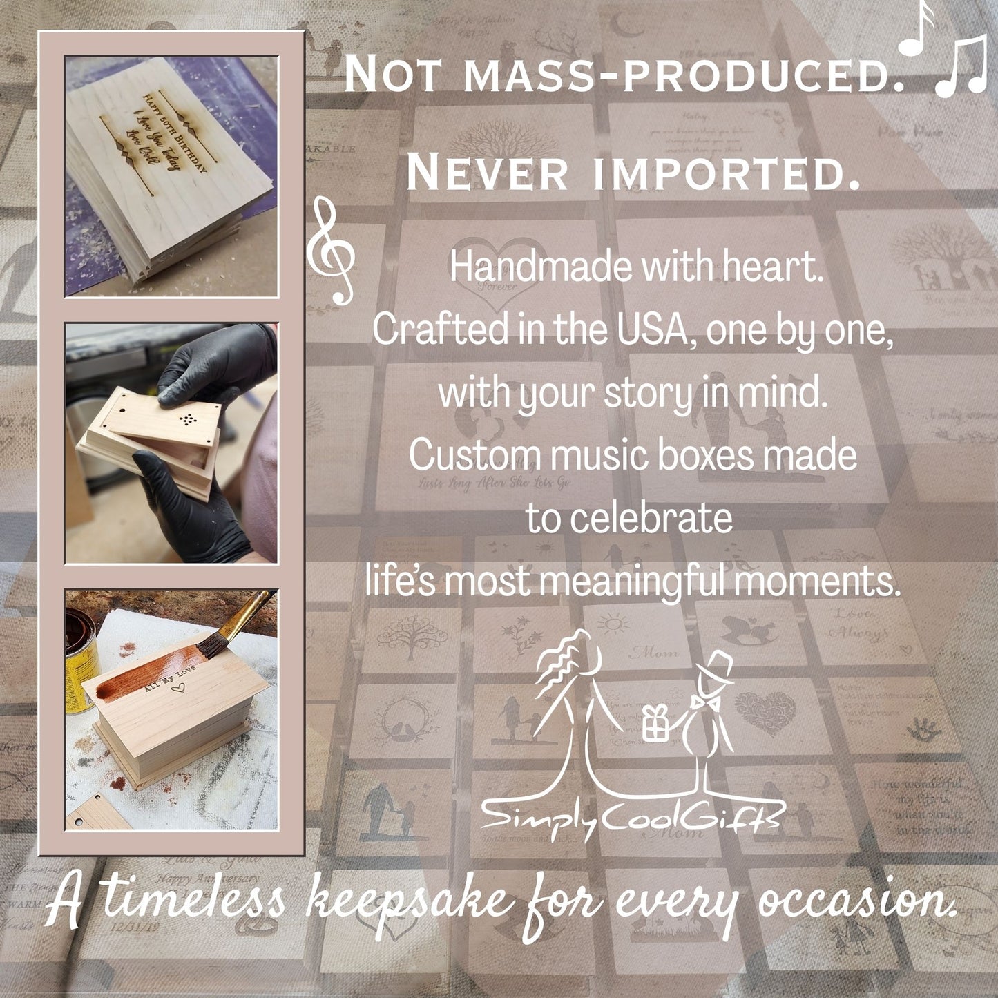 SimplyCoolGifts handmade wooden music boxes being crafted in the USA, with engraving, assembly, and finishing shown. Text overlay: Not mass-produced, never imported, handmade with heart, a timeless keepsake for every occasion.

