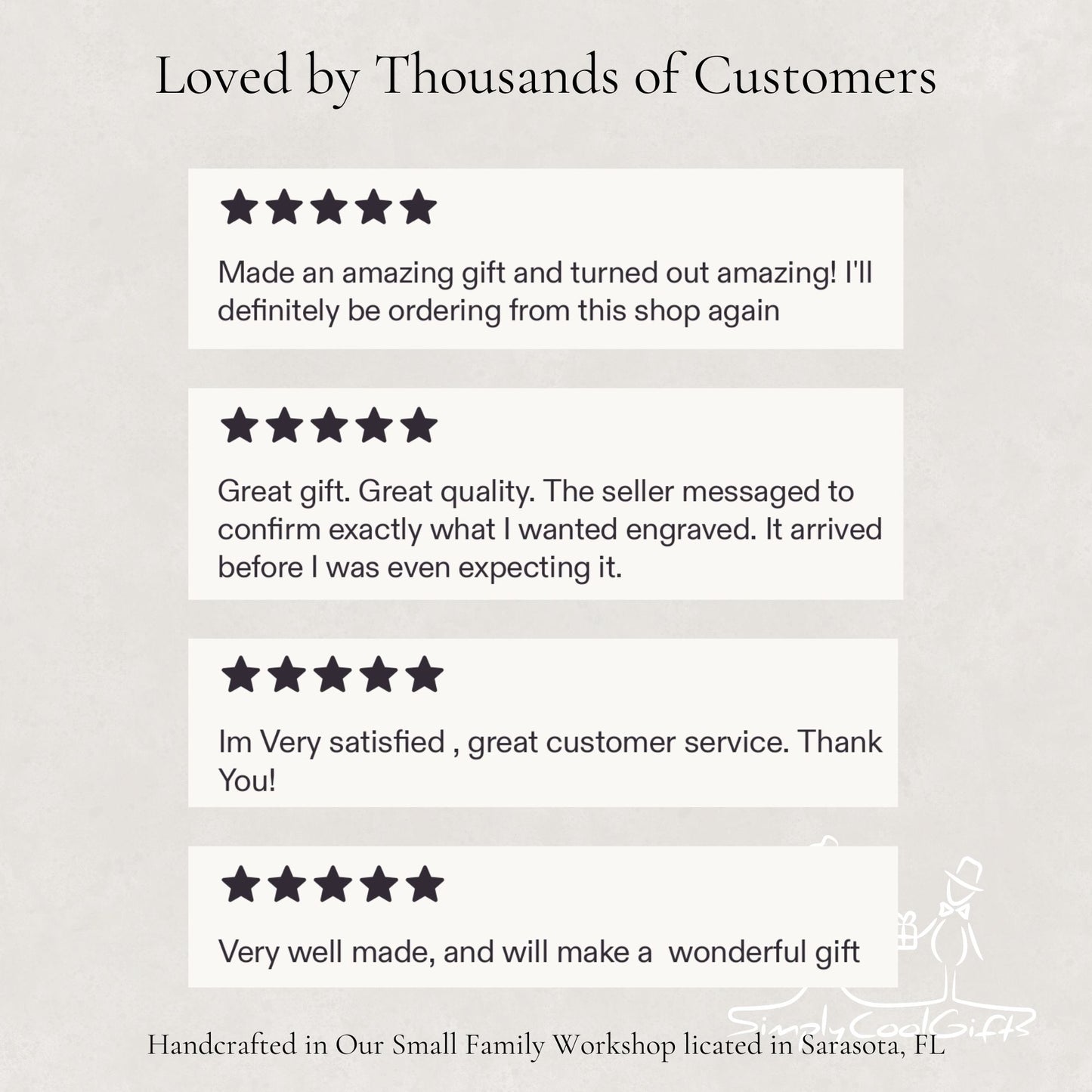 Five-star reviews from customers on a light gray background