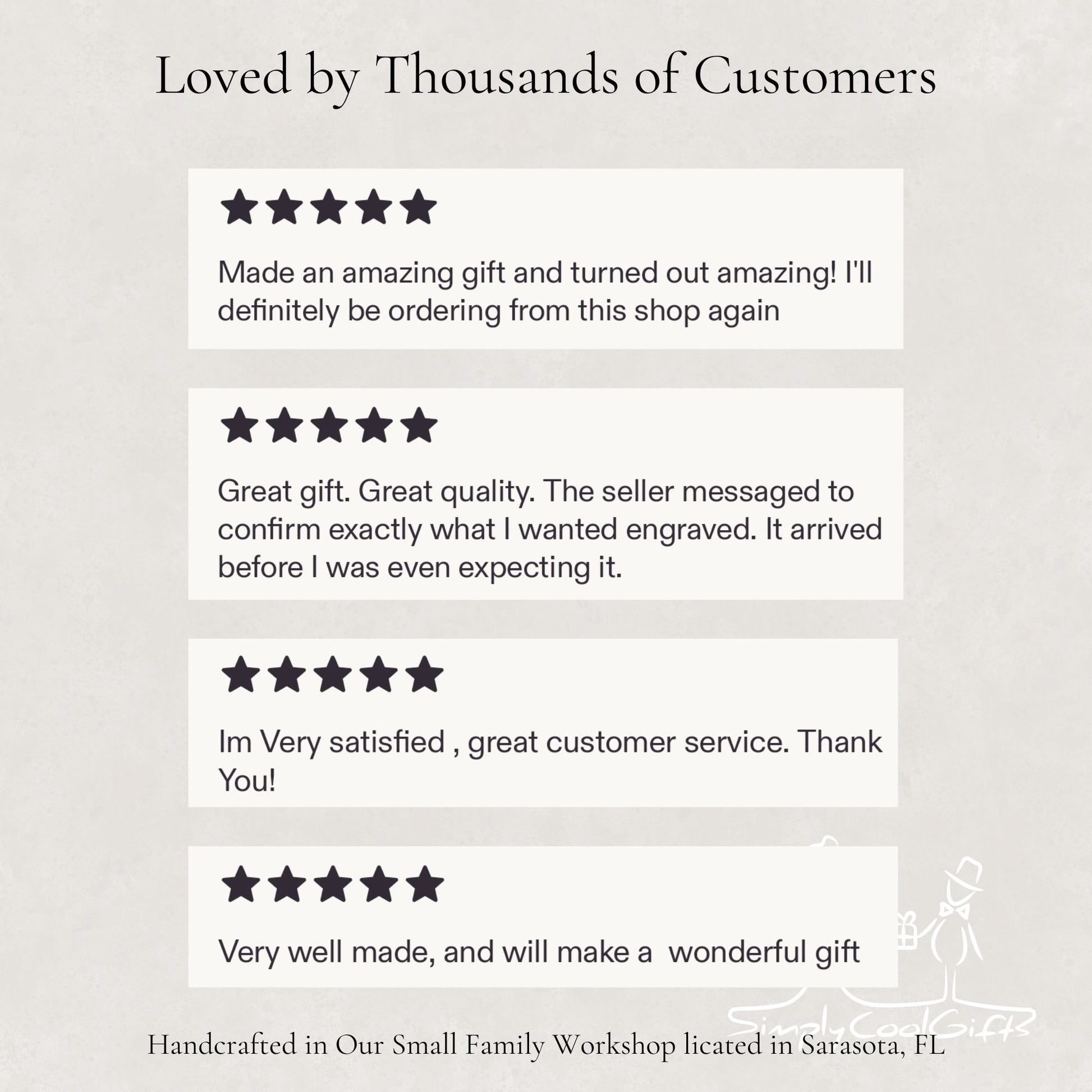 Five-star reviews from customers on a light gray background