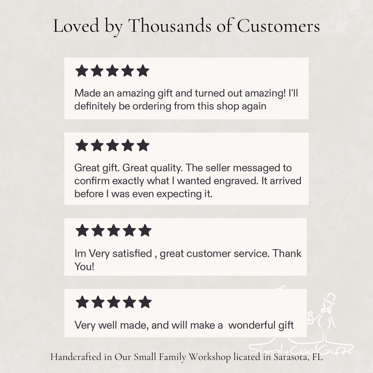Five-star reviews from customers on a light gray background