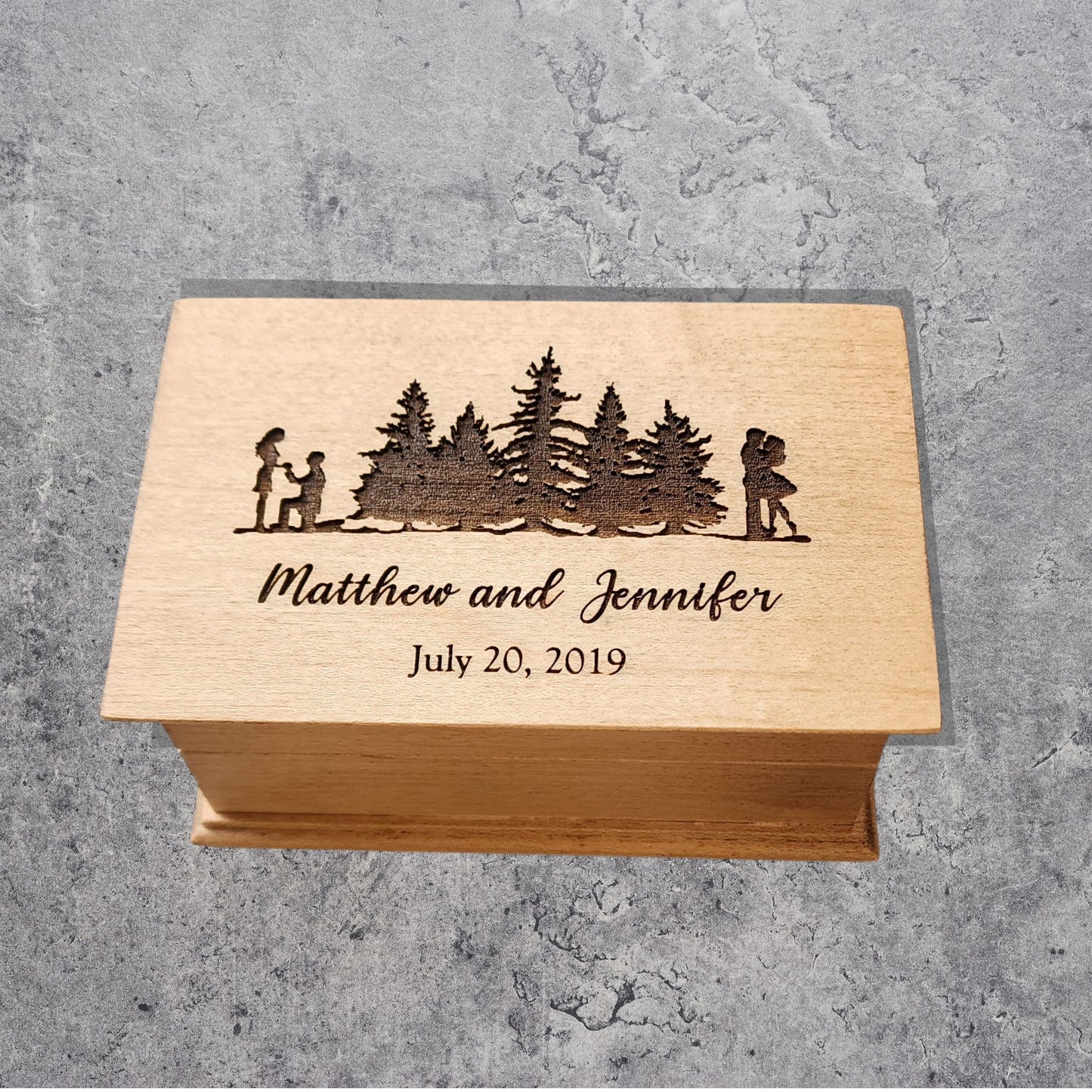 Personalized wooden jewelry box engraved with forest and couple silhouette, names and date – custom song music box handmade in USA, perfect gift for Christmas or your 5th anniversary
