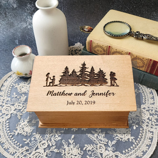 Personalized wooden jewelry box engraved with forest and couple silhouette, names and date – custom song music box handmade in USA, perfect gift for Christmas or your 5th anniversary
