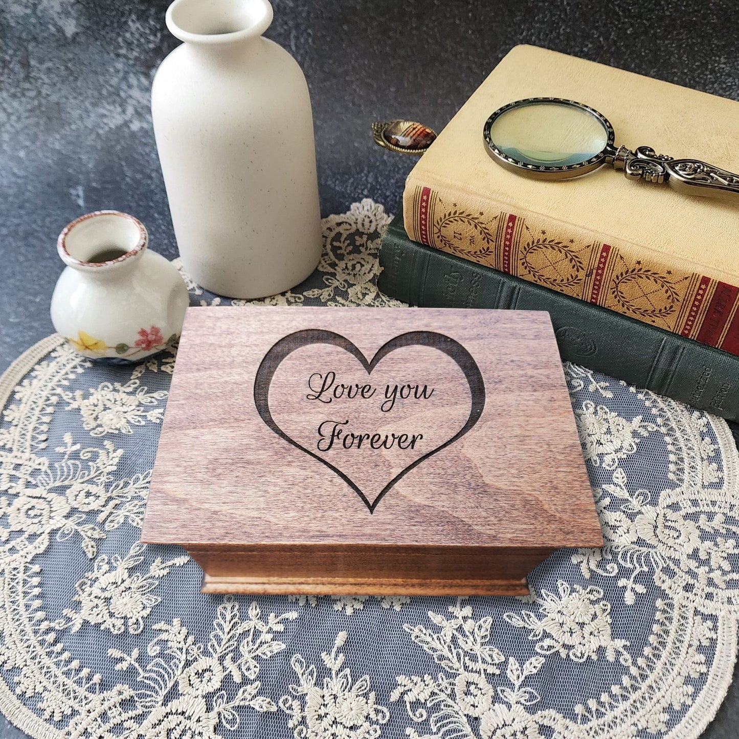 Wooden jewelry box engraved with heart outline and the words Love You Forever on the lid