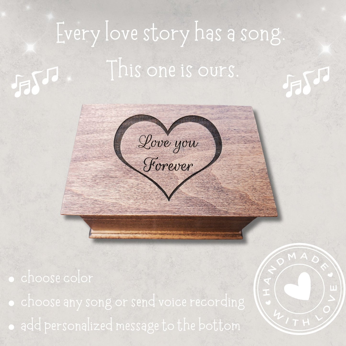 Wooden jewelry box engraved with heart outline and the words Love You Forever on the lid