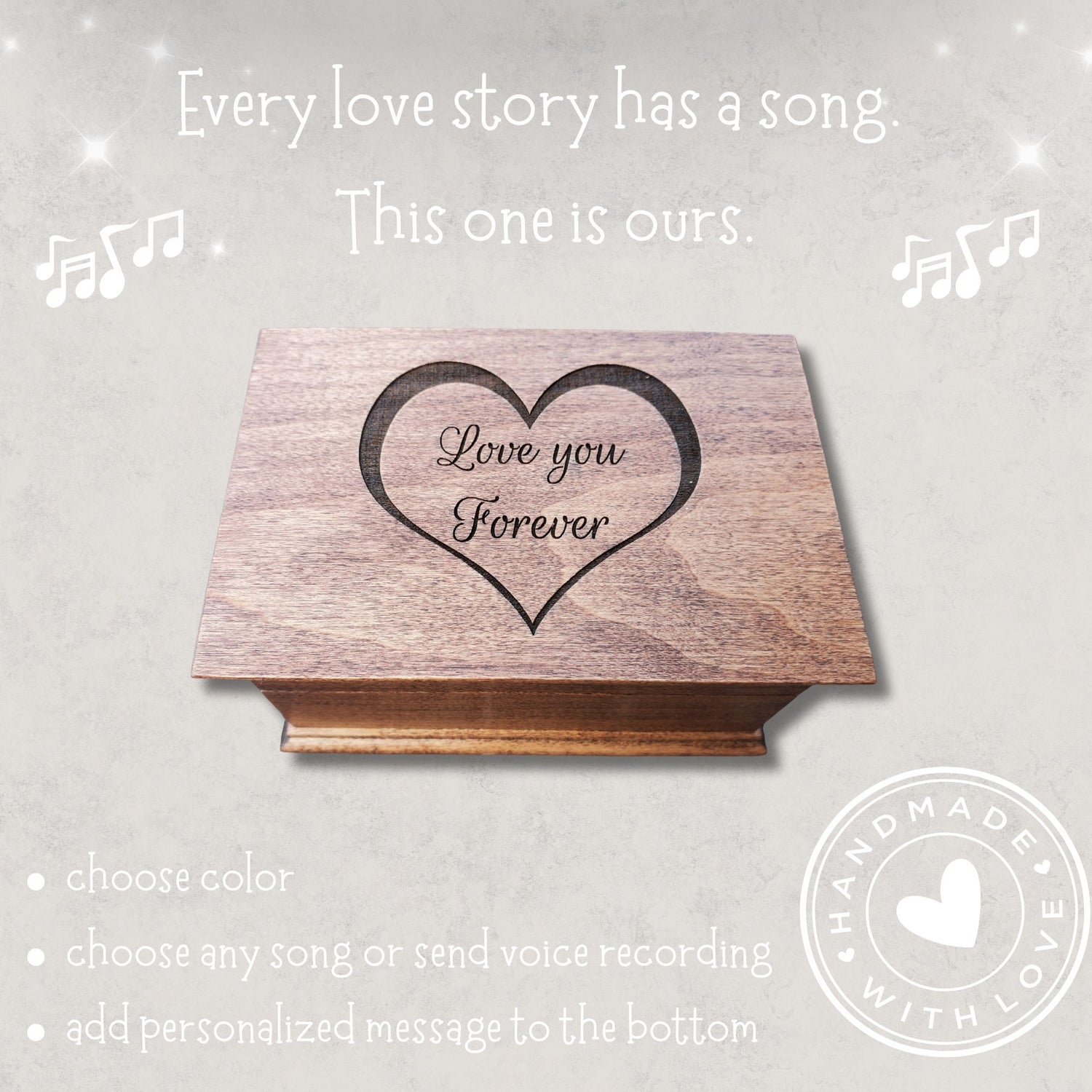 Wooden jewelry box engraved with heart outline and the words Love You Forever on the lid