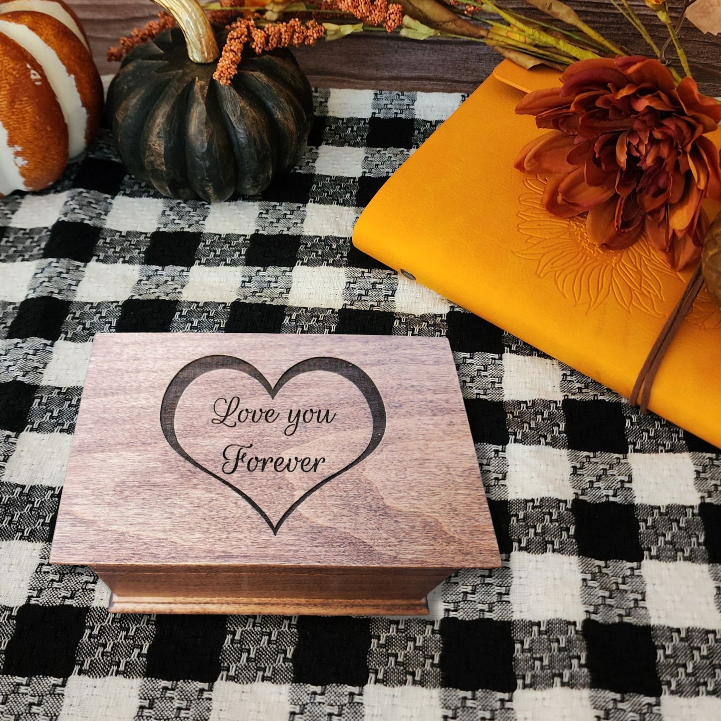 Wooden jewelry box engraved with heart outline and the words Love You Forever on the lid