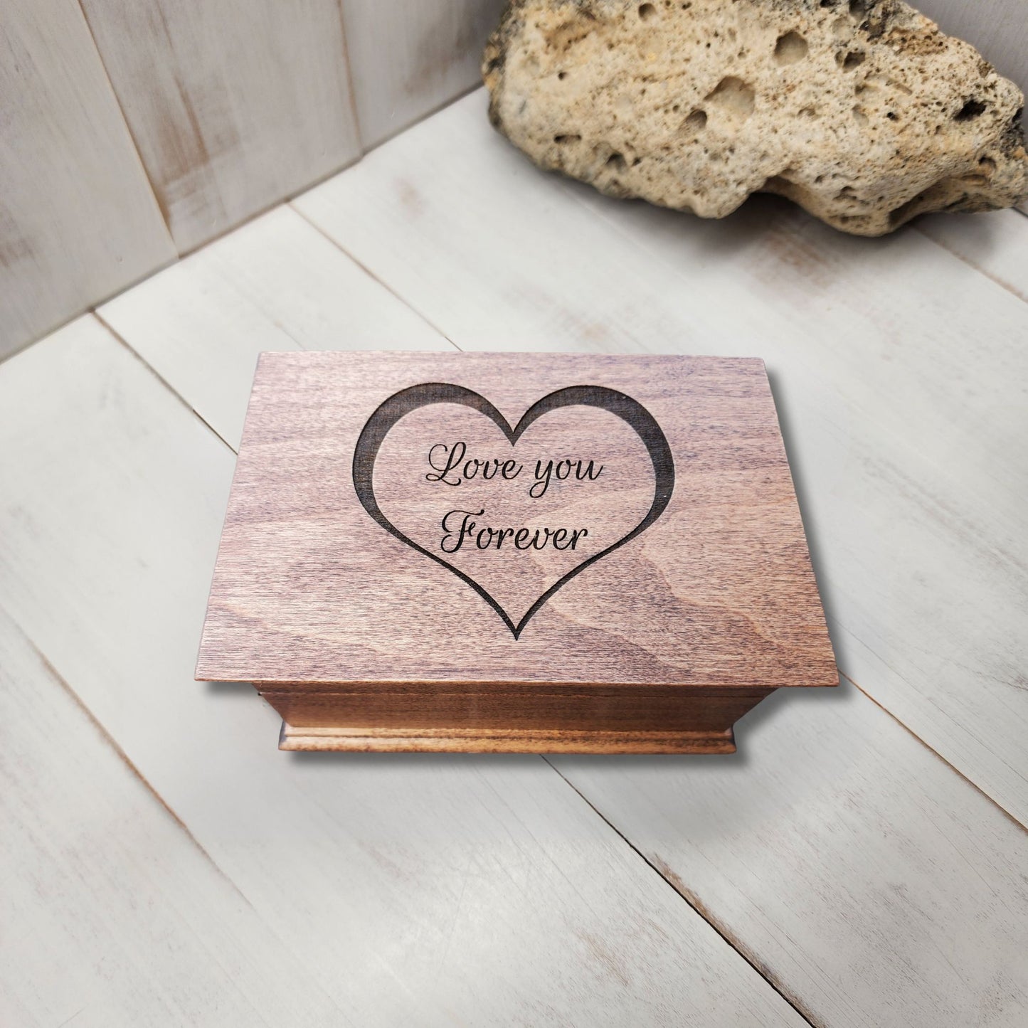Wooden jewelry box engraved with heart outline and the words Love You Forever on the lid