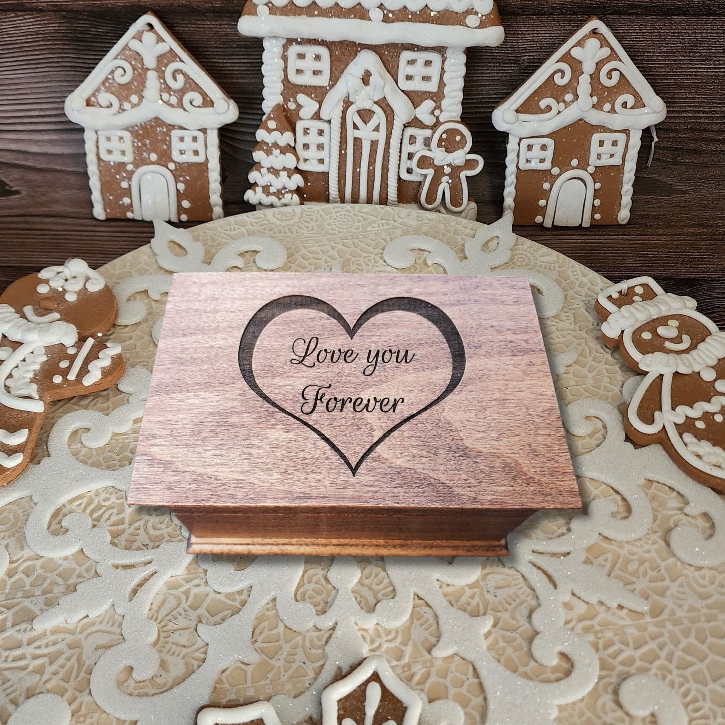 Wooden jewelry box engraved with heart outline and the words Love You Forever on the lid