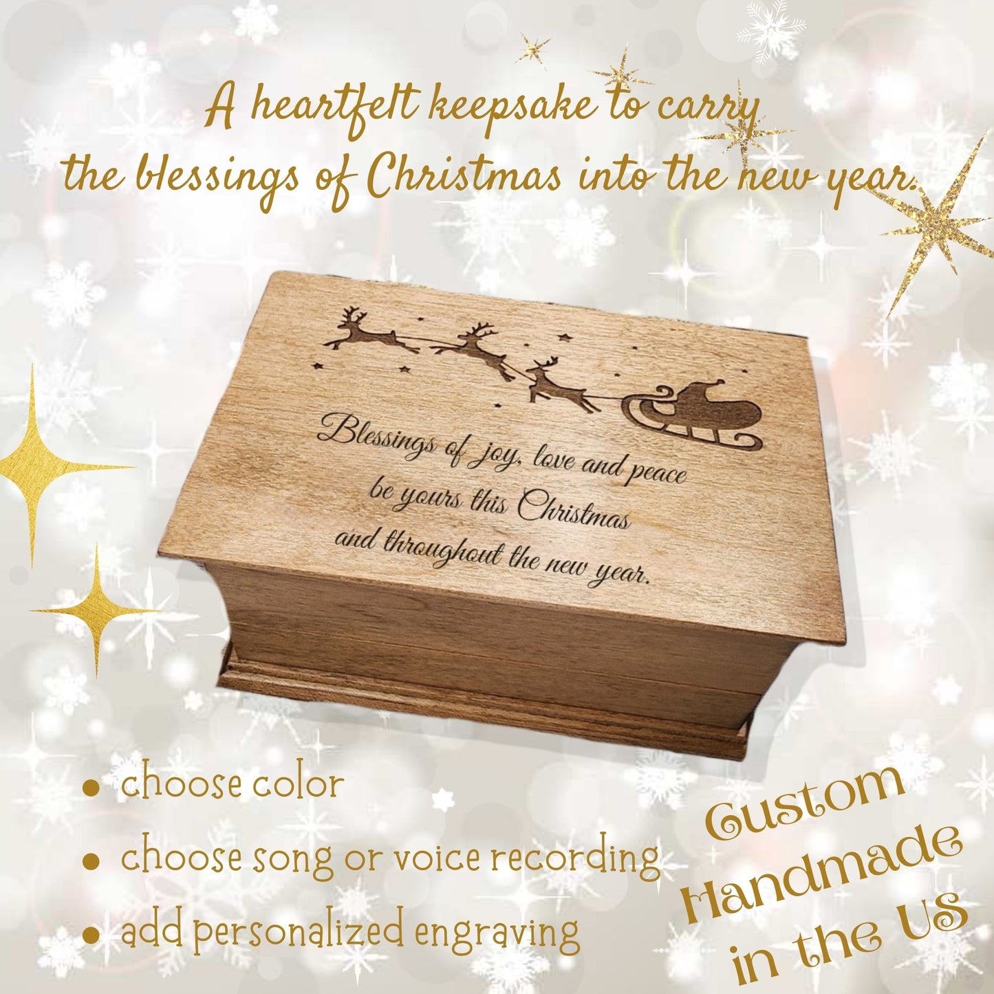 Christmas Music Box – Wooden Keepsake with Santa Sleigh & Blessing Engraving, Custom Song Holiday Gift