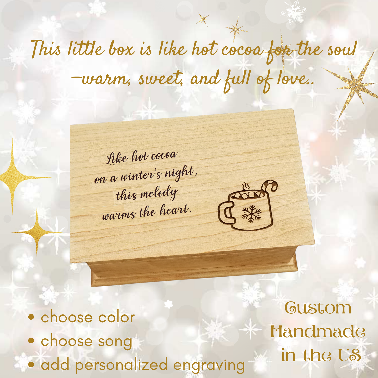 Wooden jewelry box custom-made playing your song with engraved text and a mug illustration on a festive background