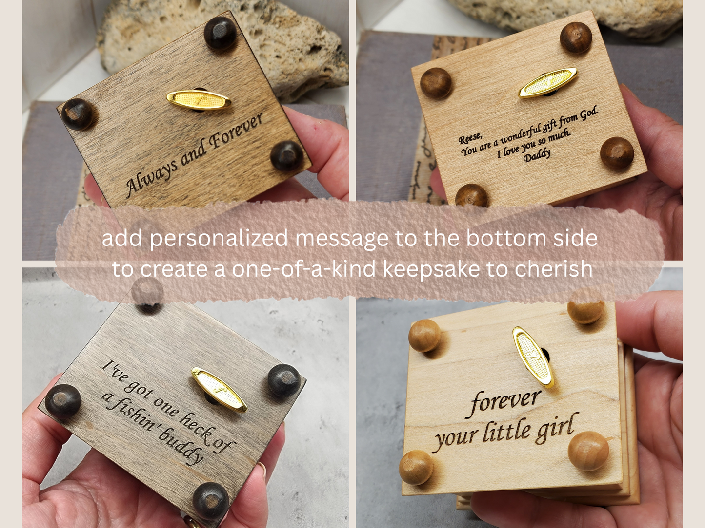 collage image showing 4 different personalized messages in the bottom side of the music boxes