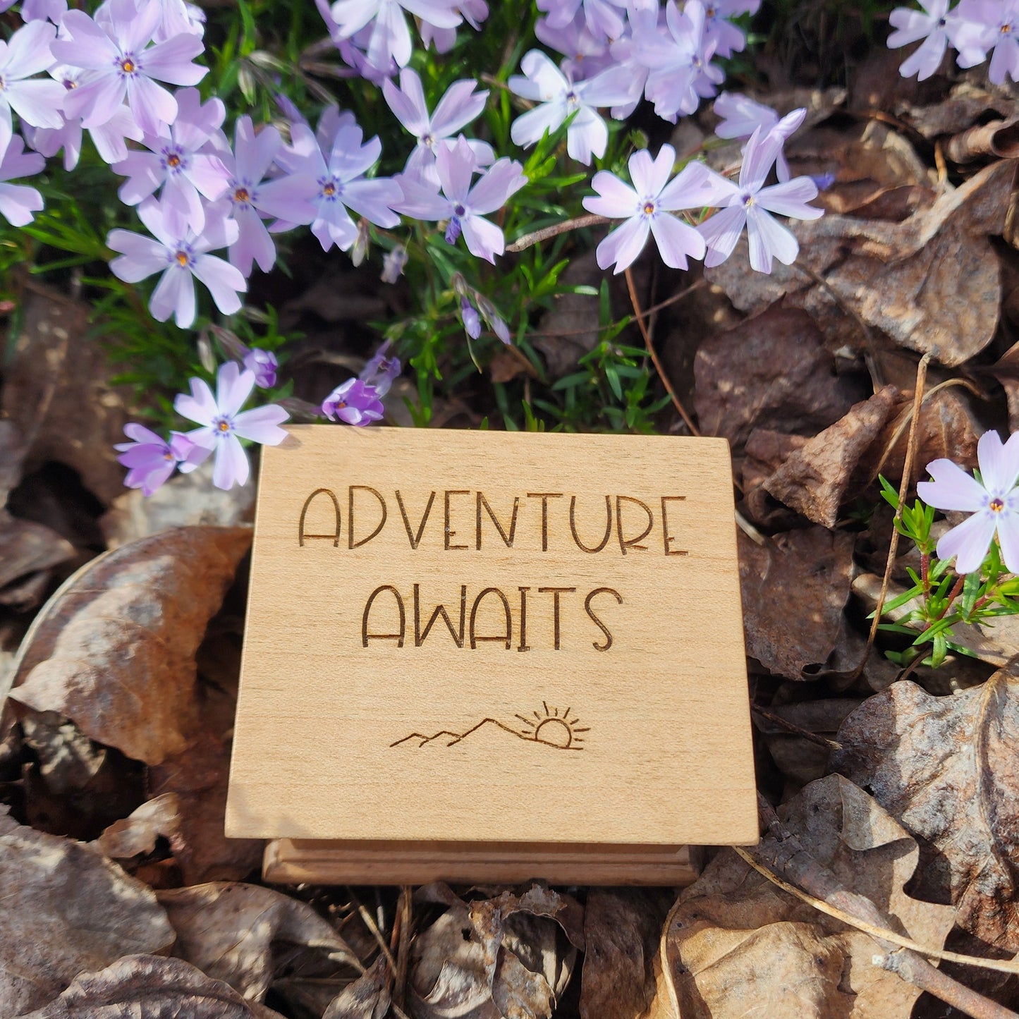 Small wooden music box with 'Adventure Awaits' text among flowers and leaves