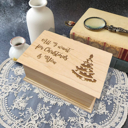 All I Want for Christmas Is You Wooden Music Box – Handmade Personalized Holiday Gift, Choose Your Song