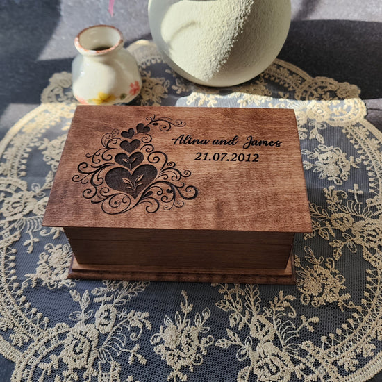 Anniversary Jewelry Box with hearts and names and date engraved. choose color and song