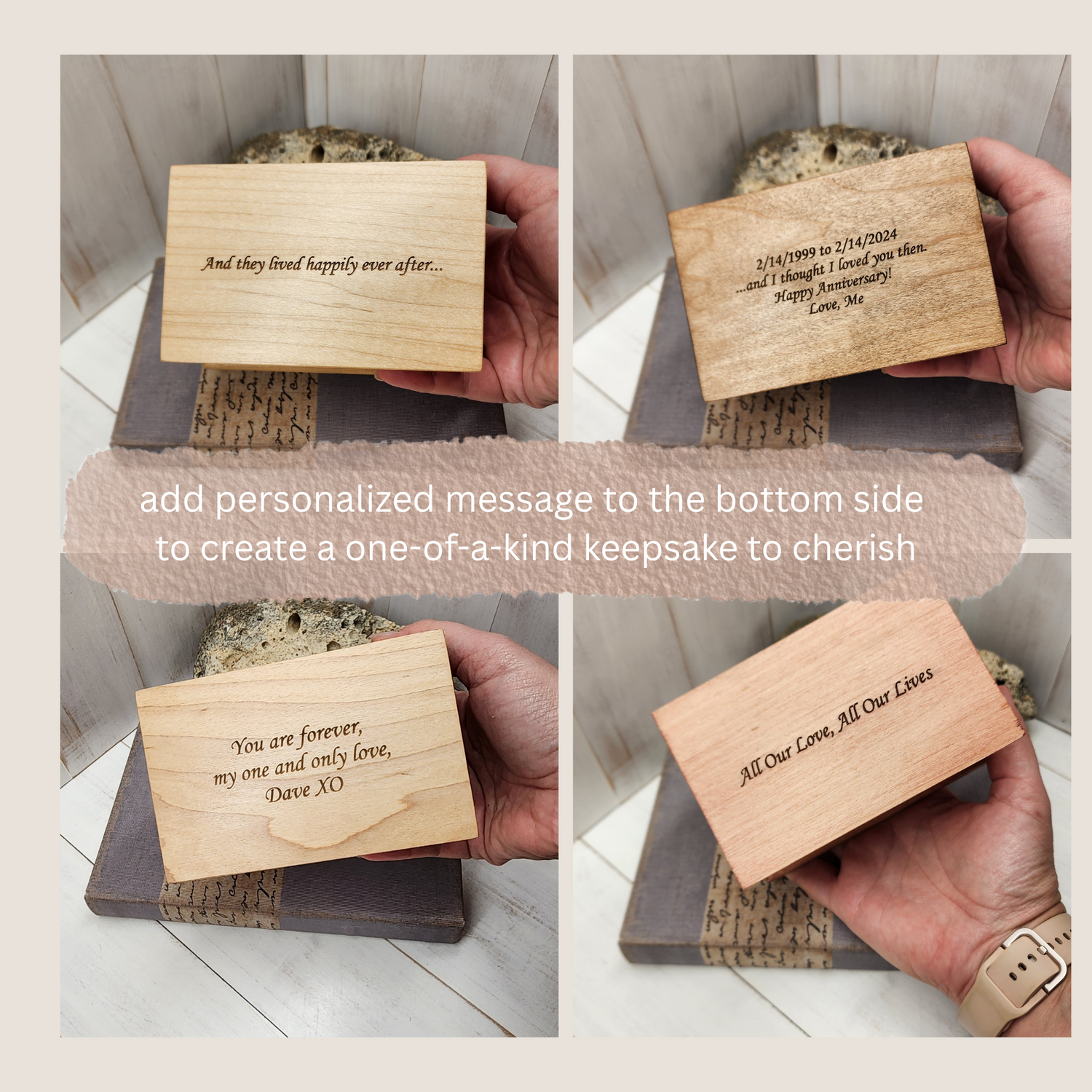 personalized engraving on the bottom side of the music boxes 