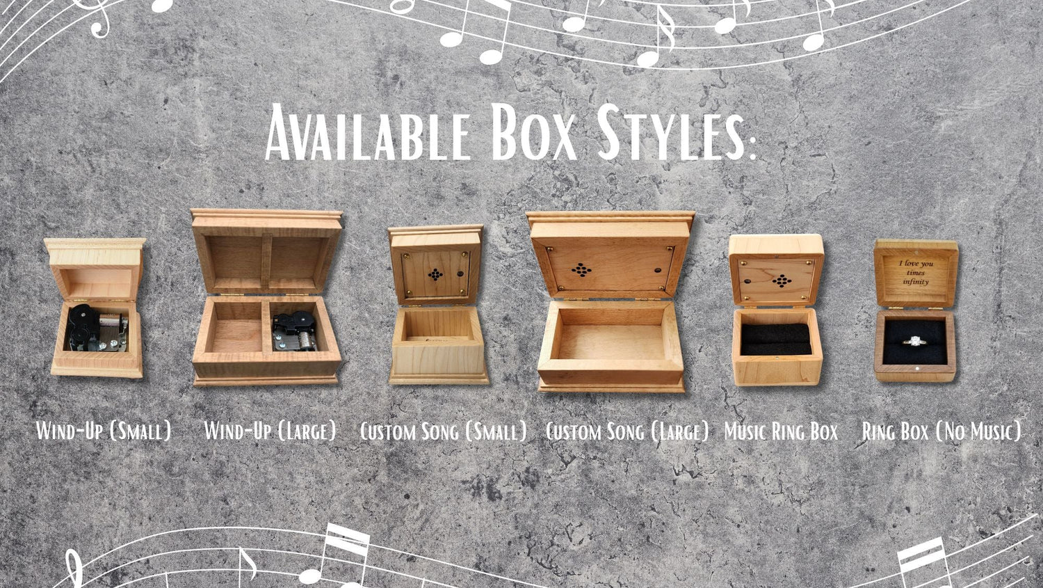 All available music box styles in a row next to each other on a concrete background