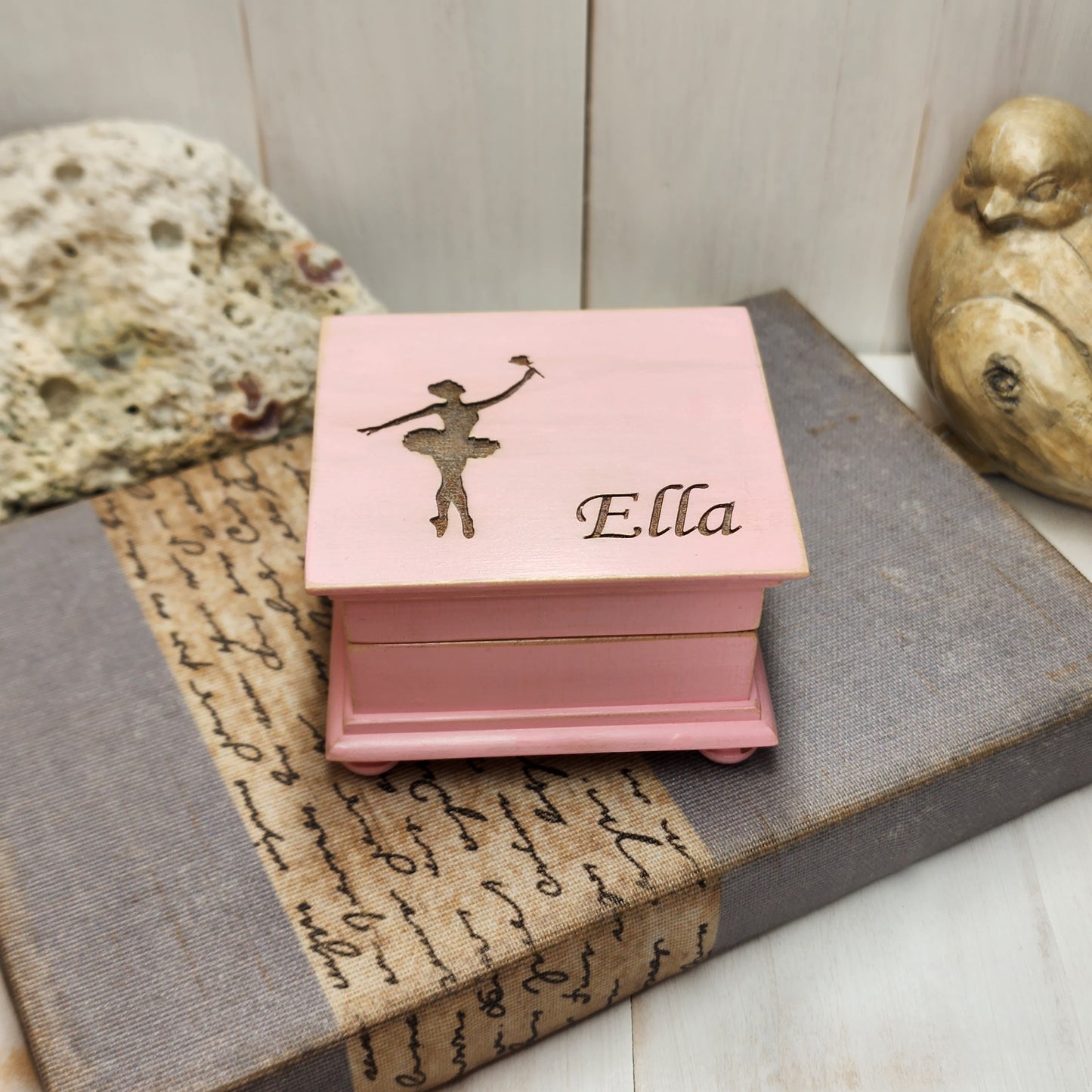 ballerina music box with name engraved on top, custom-made, pink music box with your song choice and personalized message on the bottom side of box, music box by Simplycoolgifts