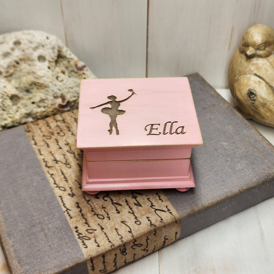 ballerina music box with name engraved on top, custom-made, pink music box with your song choice and personalized message on the bottom side of box, music box by Simplycoolgifts