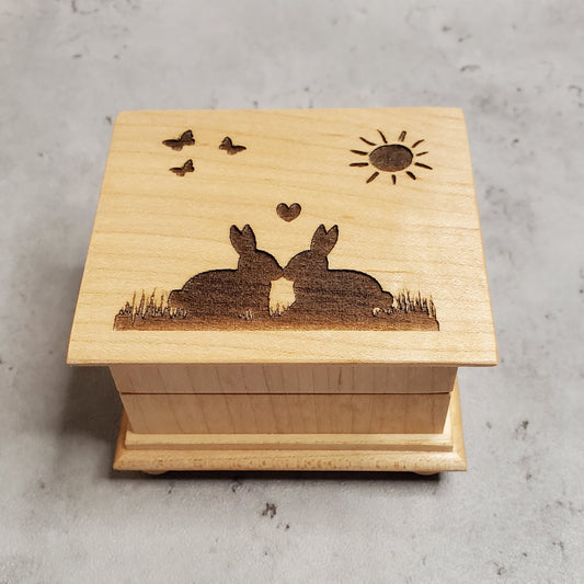 Easter Bunny music box with bunny kisses, butterflies and sun engraved on top of the music box, choose color and song