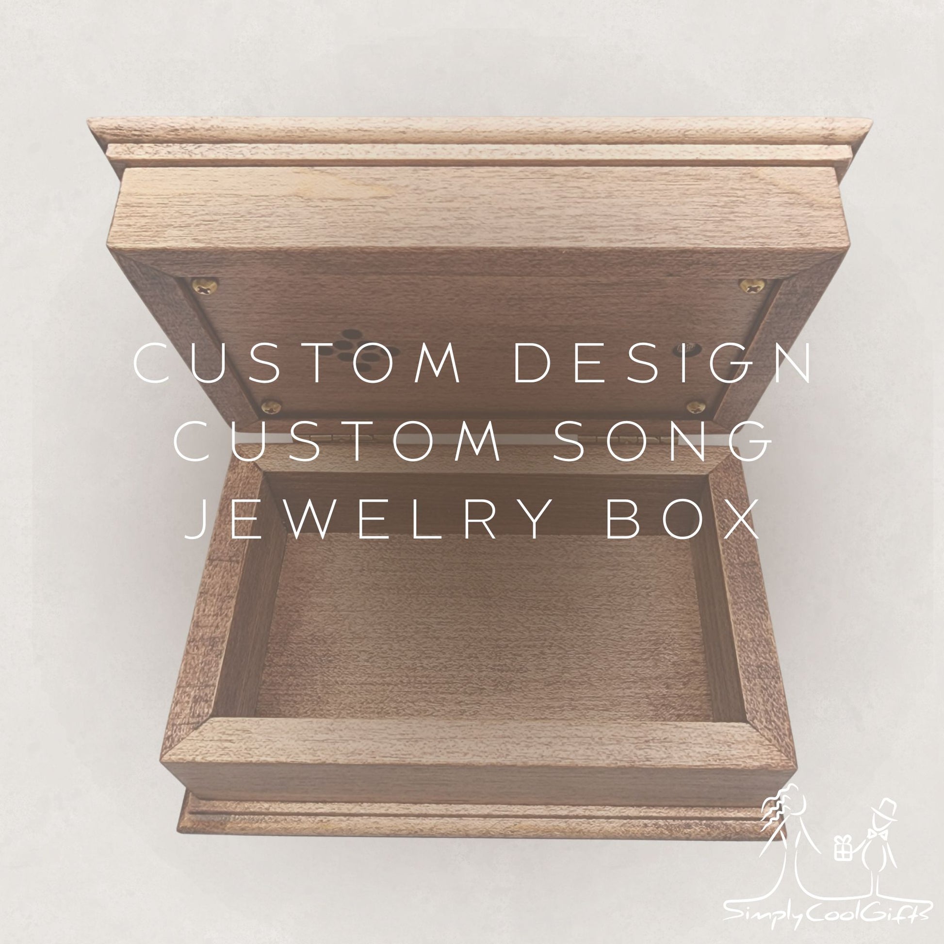 Wooden jewelry box with 'Custom Design Custom Song Jewelry Box' text on a light gray background