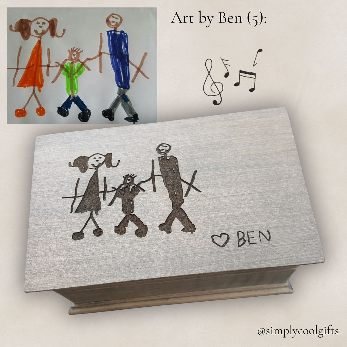 Wooden music box with a family drawing and 'Love Ben' text, inspired by child's artwork.