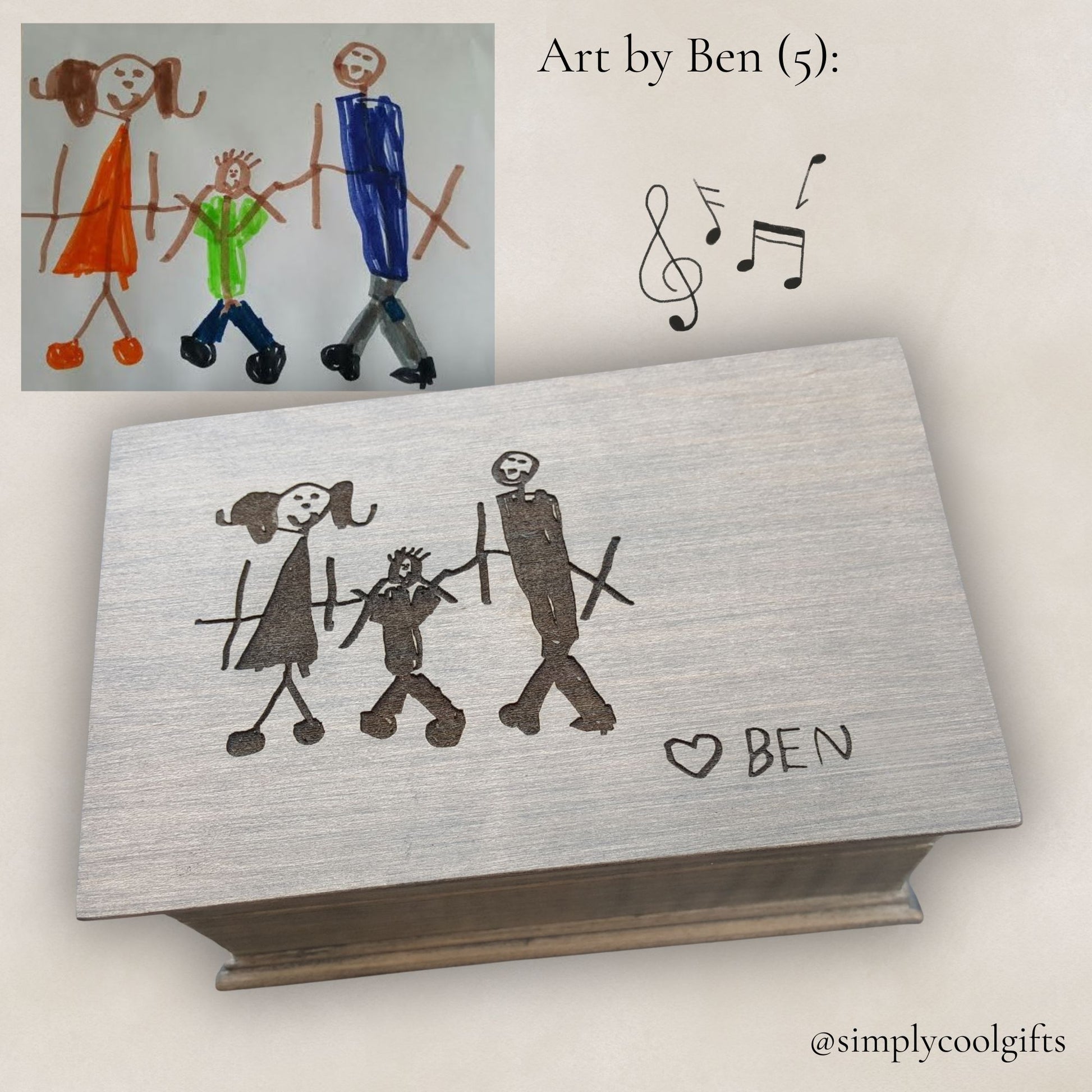 Wooden music box with a family drawing and 'Love Ben' text, inspired by child's artwork.