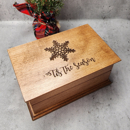 Wooden Christmas music box with engraved snowflake and “‘Tis the Season” text on the lid, choose any songs and 9 different colors, add a personalized message to the bottom to create an unforgettable Christmas gift
