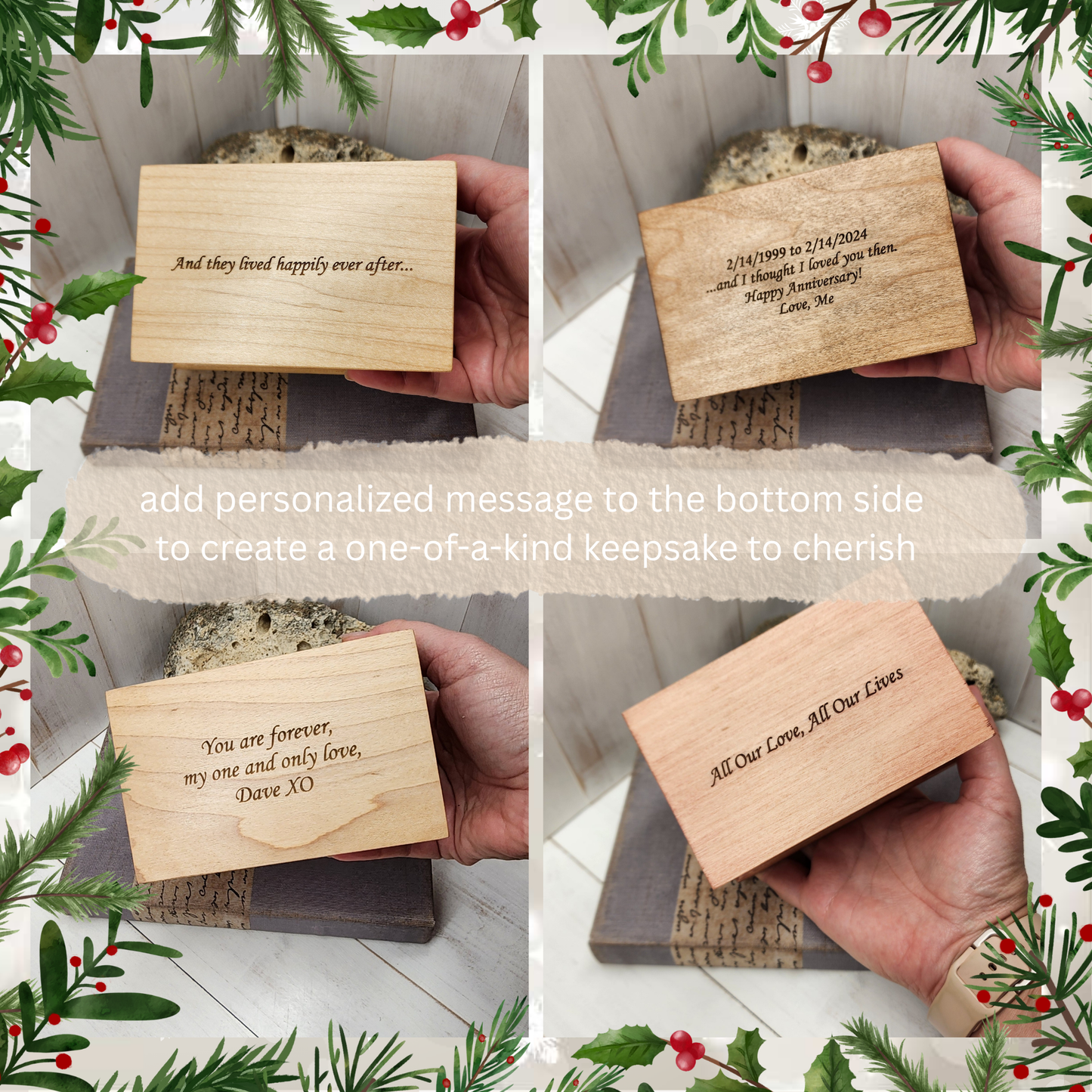 Wooden box with personalized engraved messages on the bottom side of the box, held by a hand, surrounded by festive greenery.