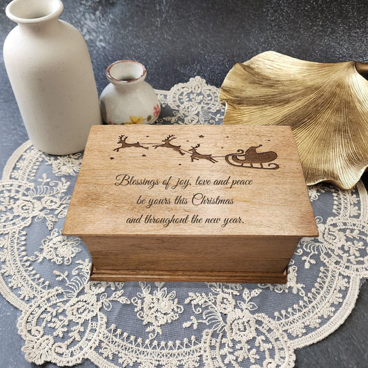 Christmas Music Box – Wooden Keepsake with Santa Sleigh & Blessing Engraving, Custom Song Holiday Gift
