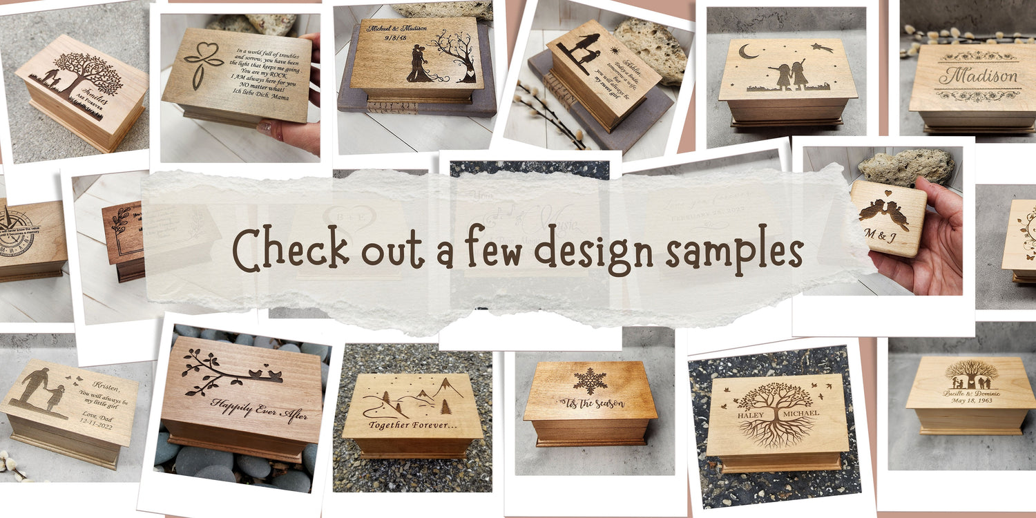 Slideshow showcasing personalized engraving tips and design styles for handcrafted custom song jewelry boxes and custom song ring boxes