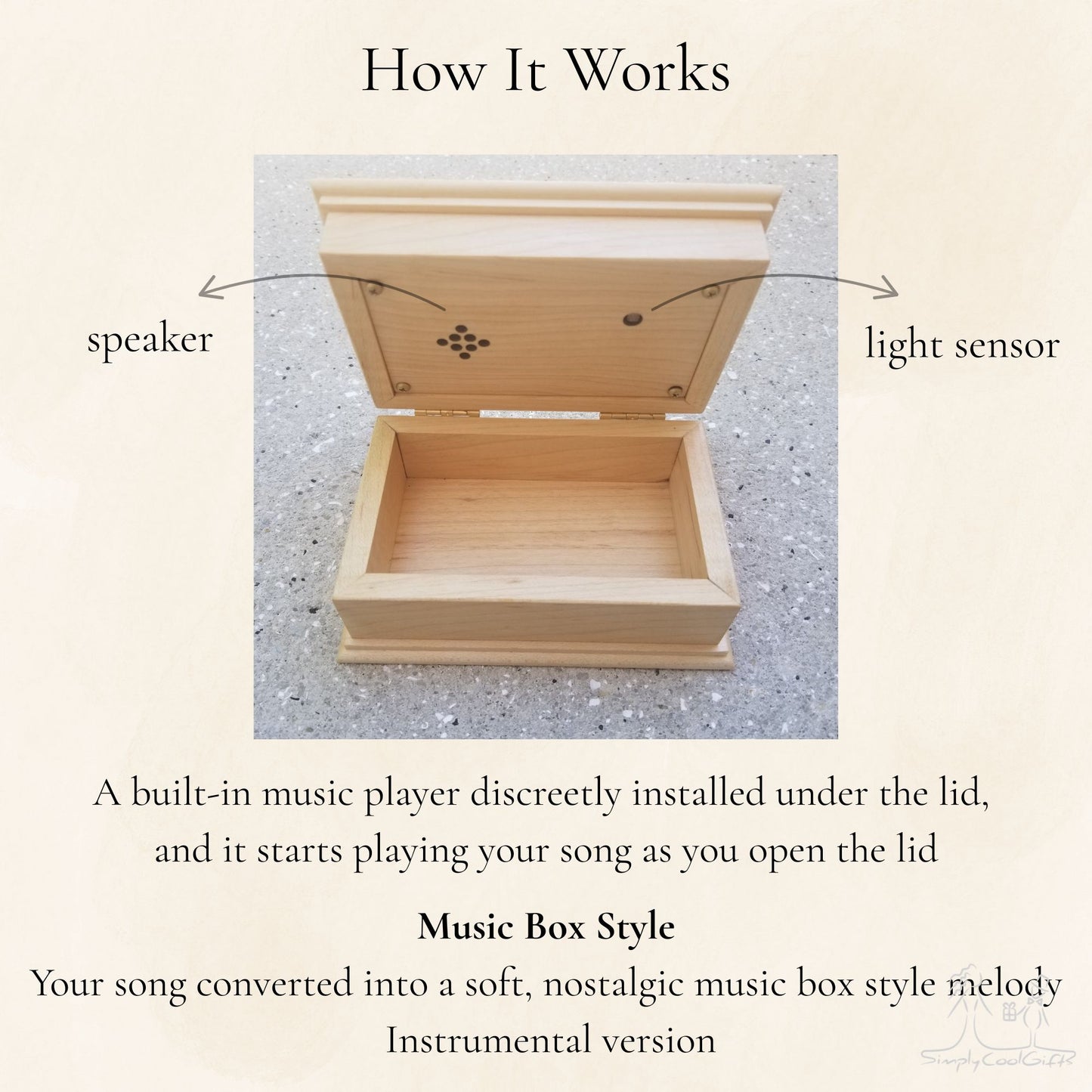Custom Song Jewelry Box with an open lid showing the holes for the speaker and light sensor 