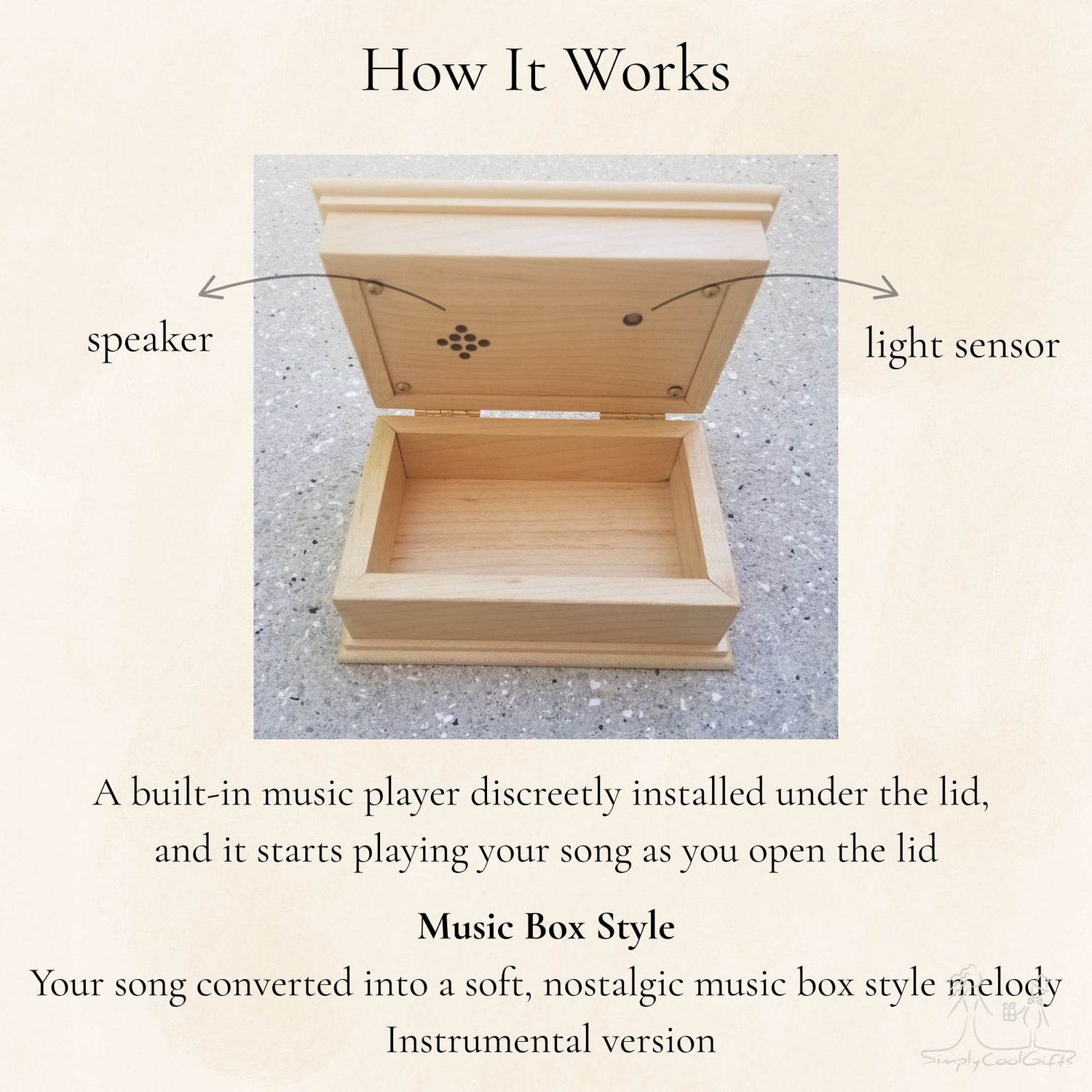 Custom Song Jewelry Box with an open lid showing the holes for the speaker and light sensor 