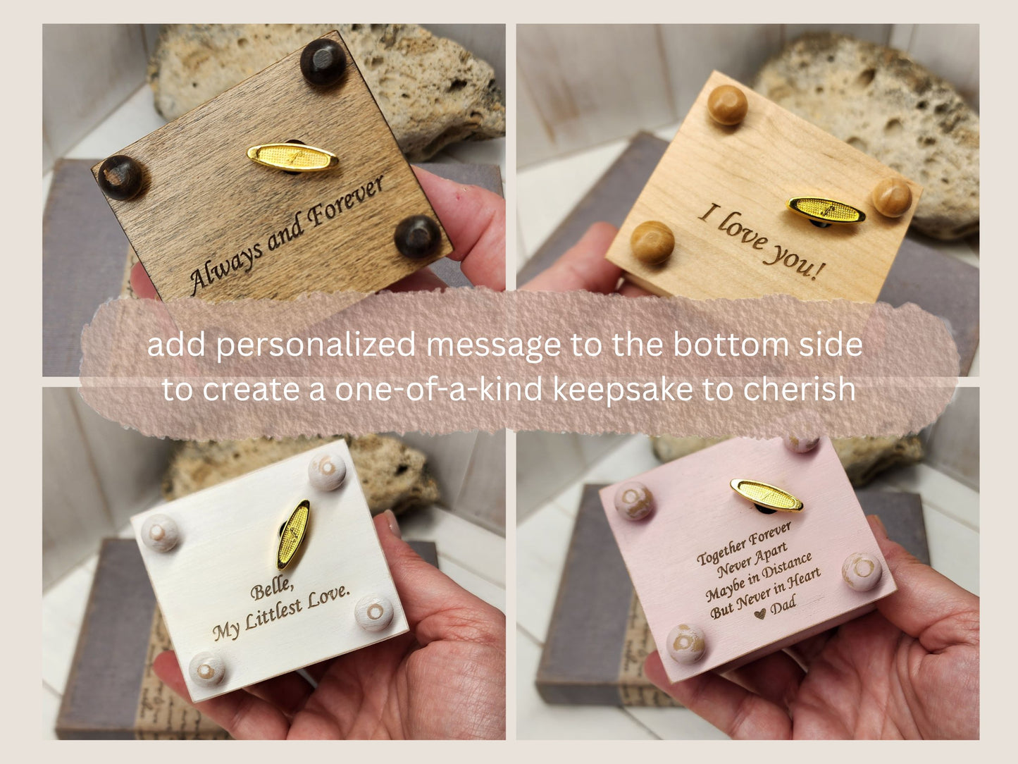 Wooden music boxes with personalized messages on the bottom side of the box, held by a hand