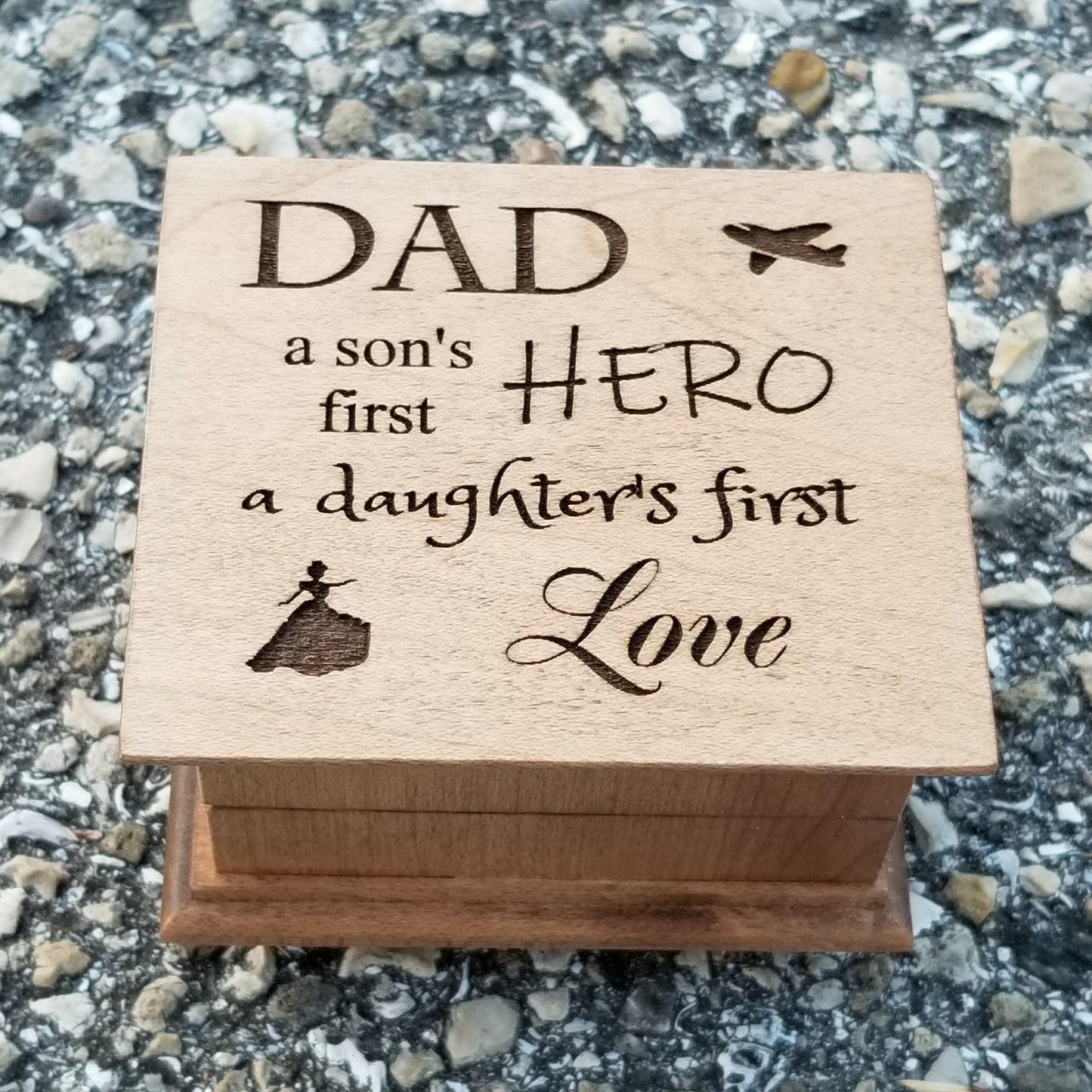 Dad Box with music box movement, Dad quote engraved on top